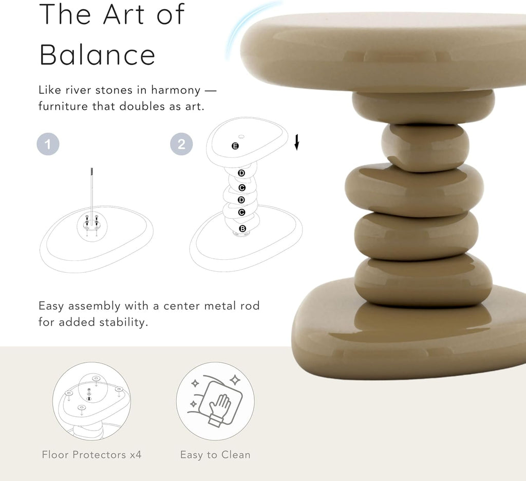 24/7 Shop at Home Kavren Modern 37-inch 2-Piece Oval Glossy Low Profile Coffee Table Set, Stone Shape Living Room Furniture for Small Space, Ivory