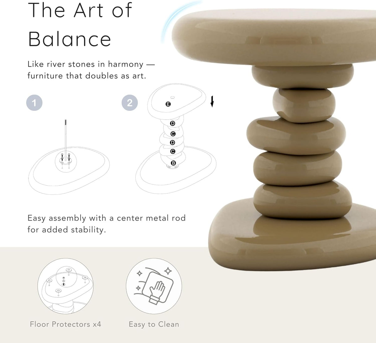 24/7 Shop at Home Kavren Modern 37-inch 2-Piece Oval Glossy Low Profile Coffee Table Set, Stone Shape Living Room Furniture for Small Space, Ivory