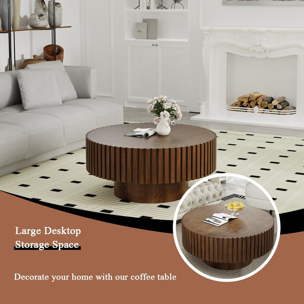 WXFKLDJ Round Drum Coffee Table Brown Fluted Coffee Table Wood Circle Center Table Pedestal End Table for Apartment Living Room (Dark Brown Round)