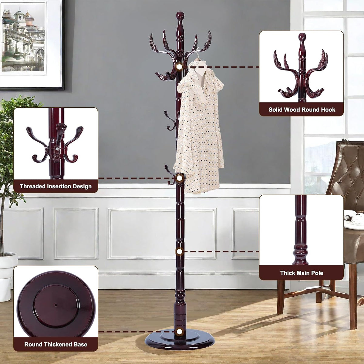 Solid Wood Coat Rack – 72' Freestanding Coat Racks Stand with 14 Hooks & Stable Base, Adjustable Height Modern Wooden Hall Tree for Entryway, Bedroom, Office, Home (Mahogany Phoenix Hook)