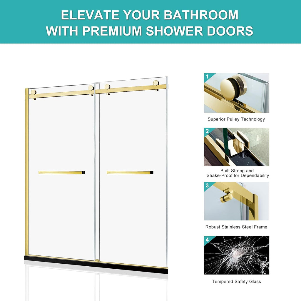 Milano Double Sliding Shower Door, 60 in.W x 74 in.H Framed Shower Door 5/16'(8mm) Clear Tempered Glass, 18 inch Pull Handle, Stainless Steel Hardware, Brushed Gold Finished