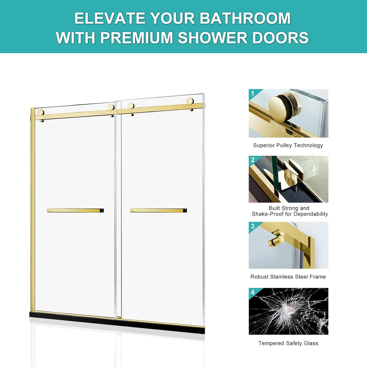 Milano Double Sliding Shower Door, 60 in.W x 74 in.H Framed Shower Door 5/16'(8mm) Clear Tempered Glass, 18 inch Pull Handle, Stainless Steel Hardware, Brushed Gold Finished