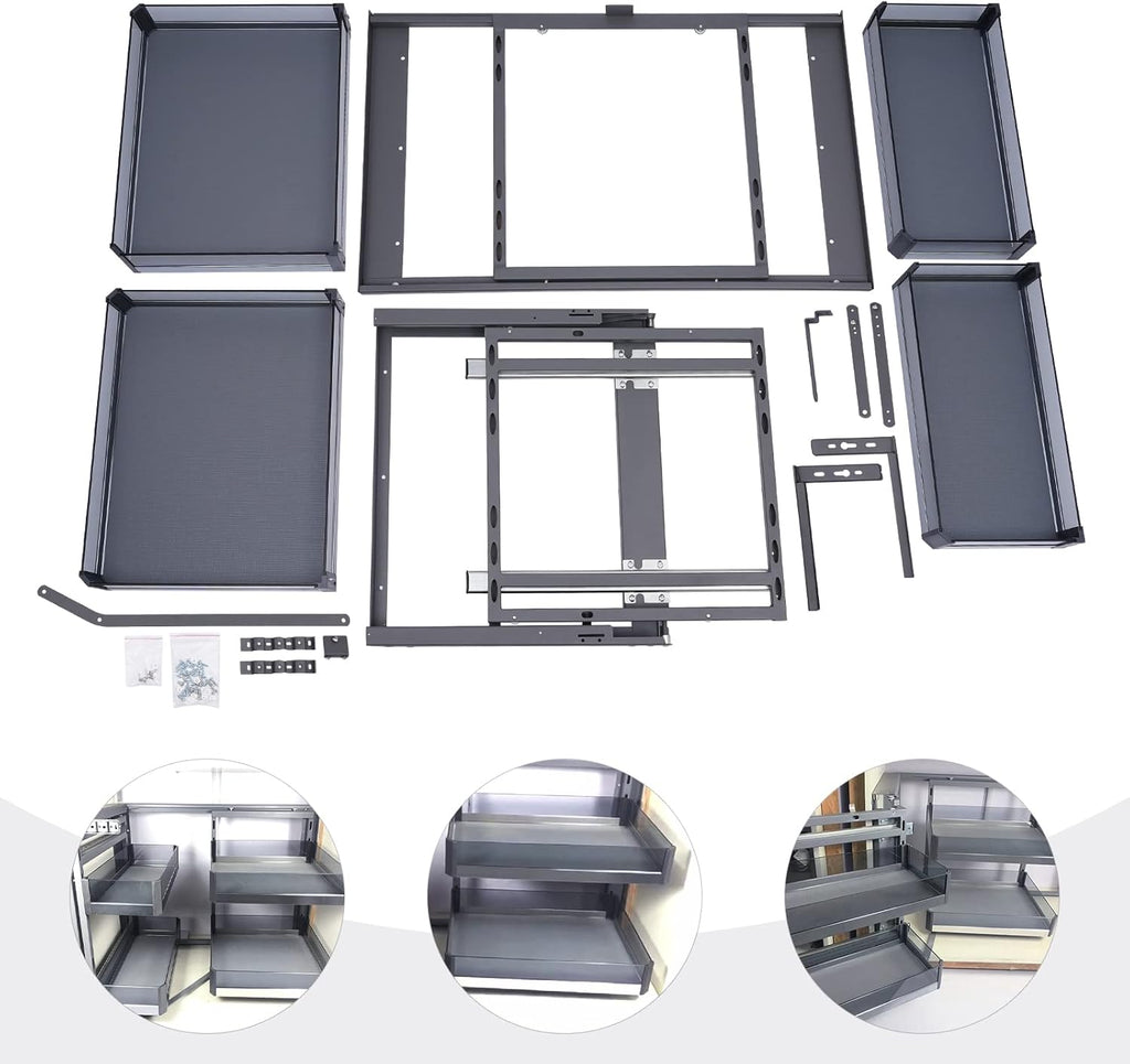 Blind Corner Cabinet Pull Out Organizer 2 Tier with 4 Detachable Shelves Magic Pull Out Deep Corner Cabinet Organizer Narrow Blind Cabinet Pull Out (Aluminum, Left/Right Open)