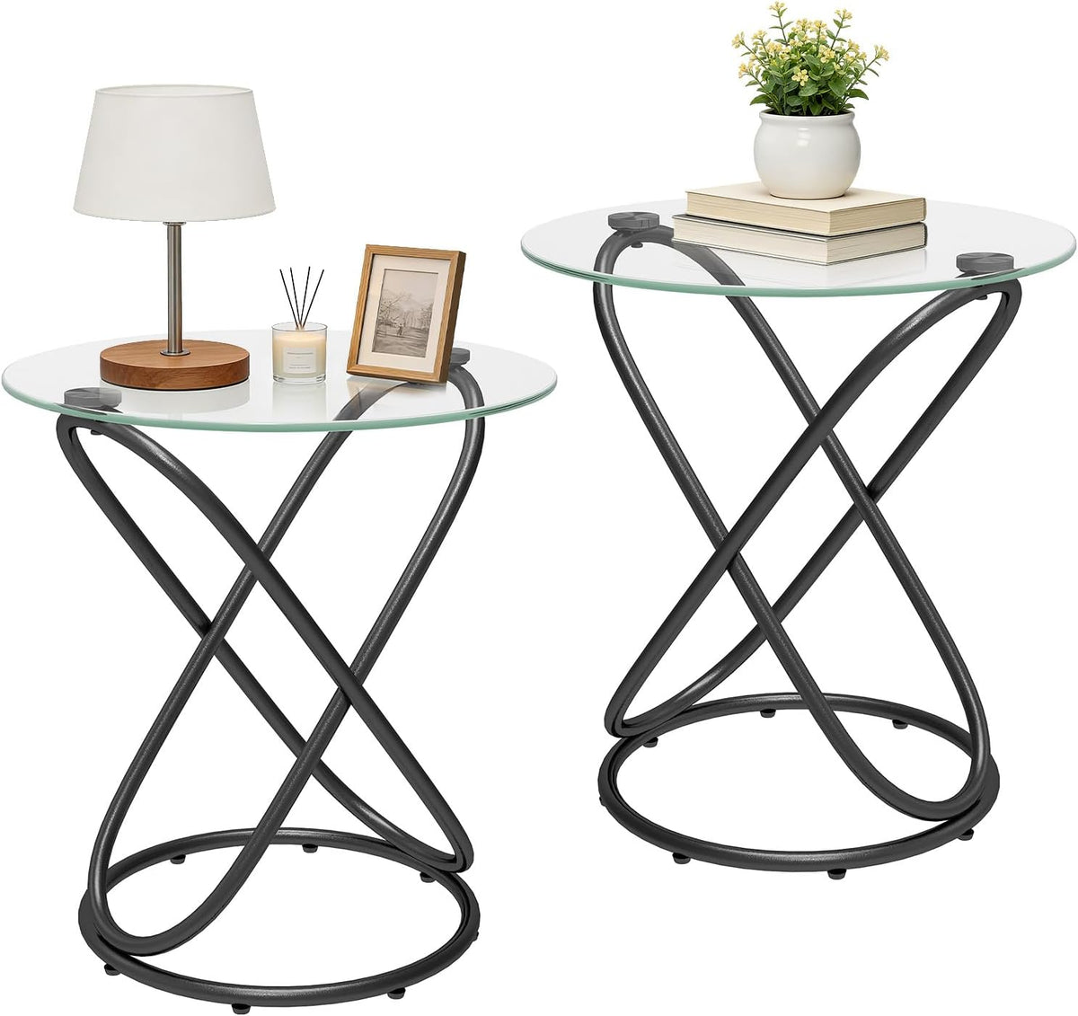 BECHAEO Round Glass End Table Set of 2, 19.7'' Modern Side Table with Tempered Glass Tabletop, Unique Ring-Shaped Frame End Table for Living Room Bedroom