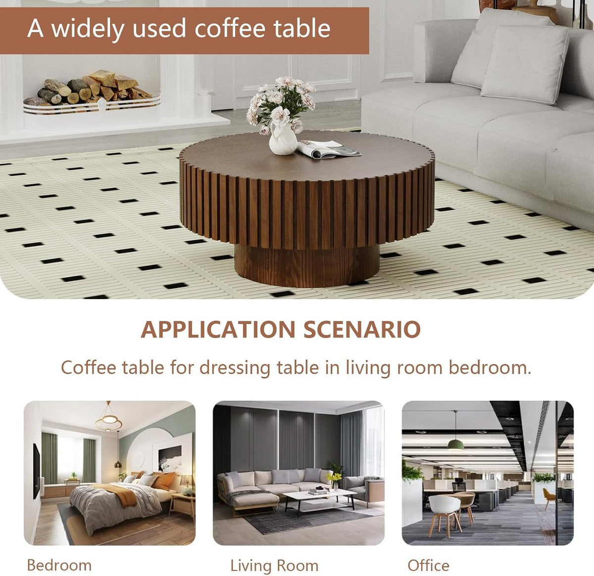 WXFKLDJ Round Drum Coffee Table Brown Fluted Coffee Table Wood Circle Center Table Pedestal End Table for Apartment Living Room (Dark Brown Round)