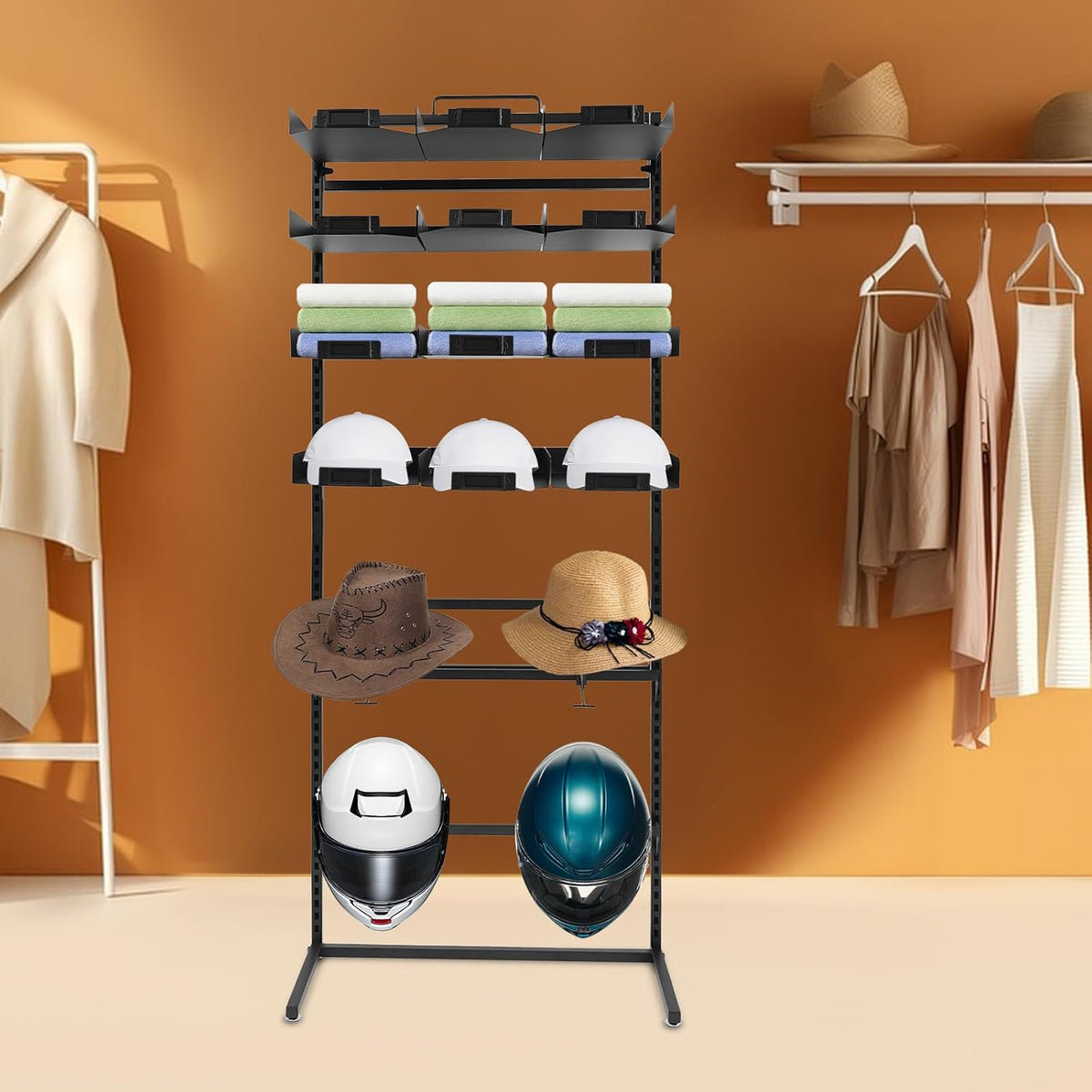 Large Hat Rack Stand - 6 Tier Adjustable Ball Cap Storage Organizer With 12 Trays, Standing Coat Rack, Commercial Home Use, Black Metal