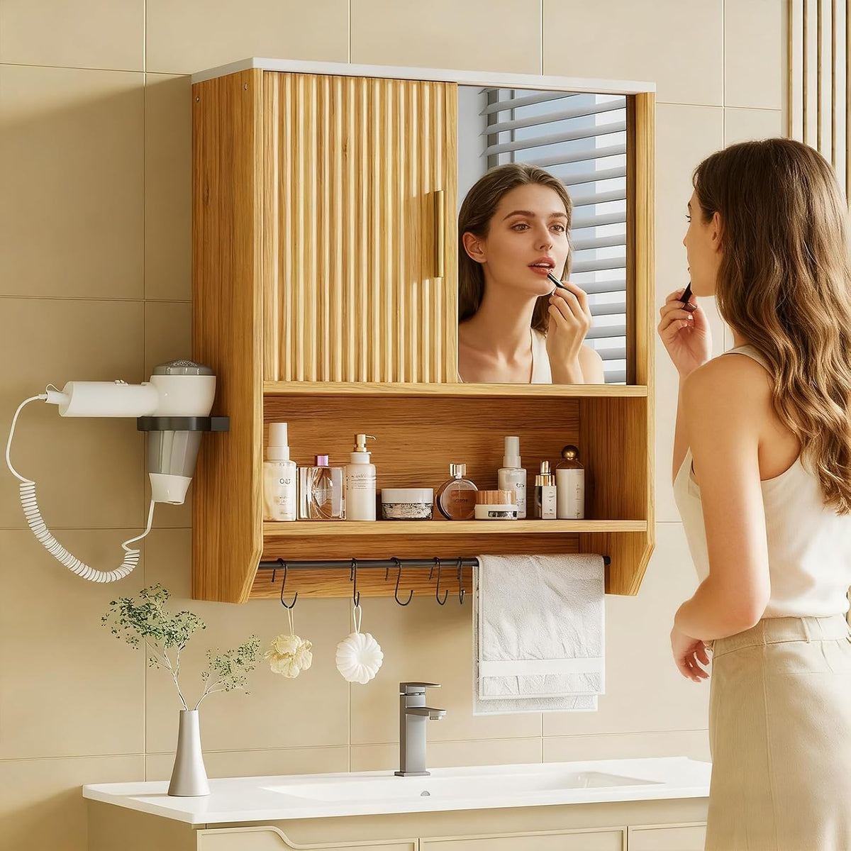 Bathroom Mirror Cabinet Wall Medicine Cabinet with Towel Bar/Hairdryer Holder/ 5 Hooks Over The Toilet Storage Cabinet for Bathroom Kitchen Laundry Room