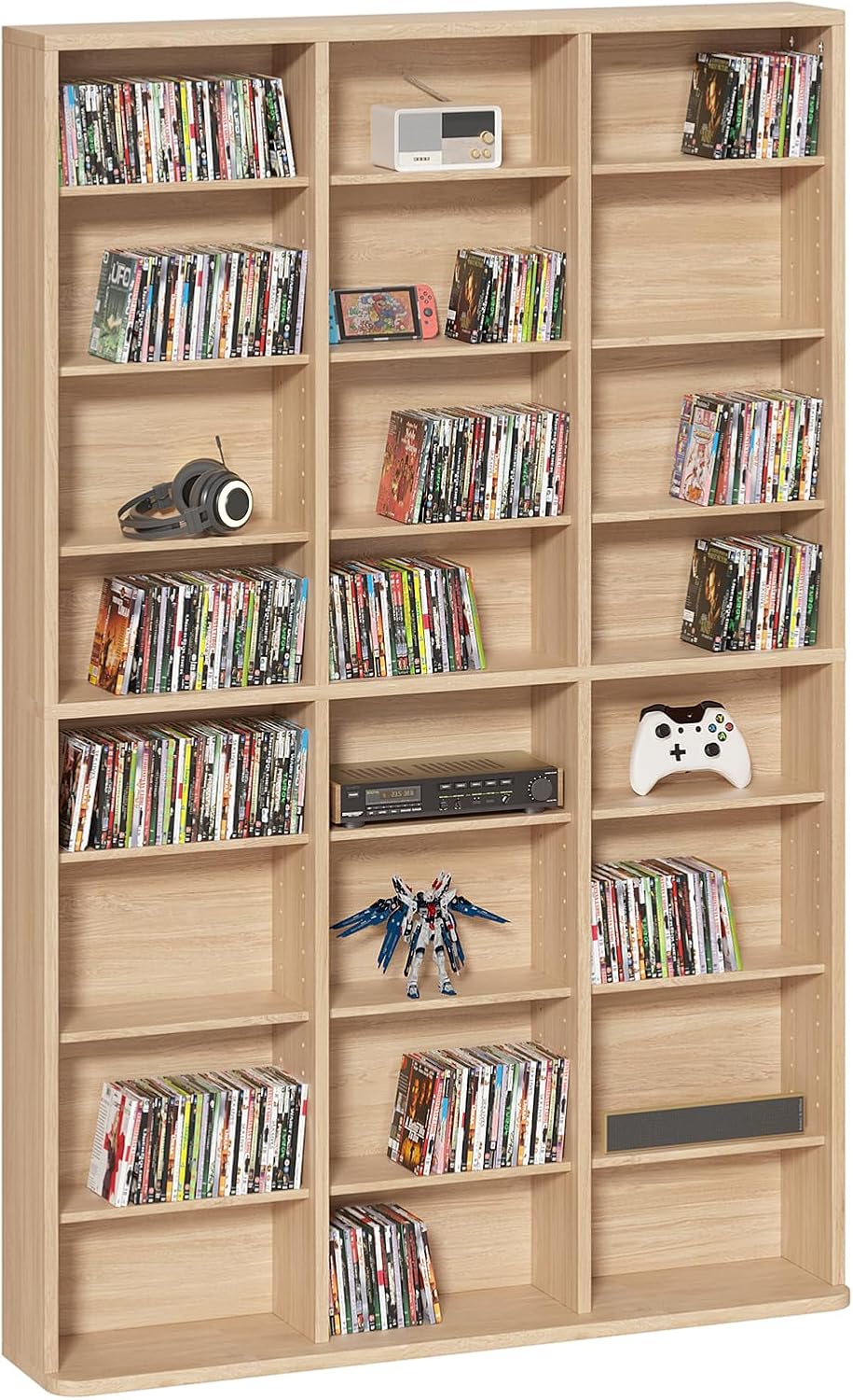 8 Tier Tall Display Cabinet, Natural Media Storage Cabinet with Adjustable Shelves, Free Standing DVD Organizer Shelf, Floor multimedia storage manga bookshelf for Living Room & Home Office.