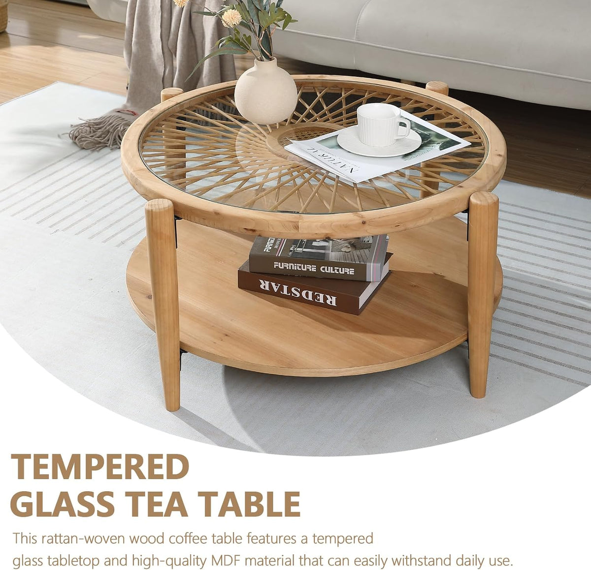 RUSTOWN Rattan Coffee Table Set, 4 Pieces Rattan Living Room Table Set Includes Console Table, Round Coffee Table & 2 End Tables, Boho Farmhouse Set for Living Room, Bedroom, Home Office, Natural