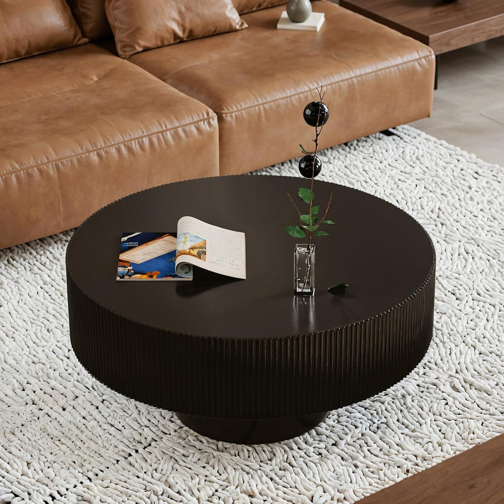 Round Fluted Coffee Table Modern Handcraft Drum Chipboard Wood Center Table, Unique Mid Century Aesthetic Low Coffee Table, for Living Room, Apartment,D