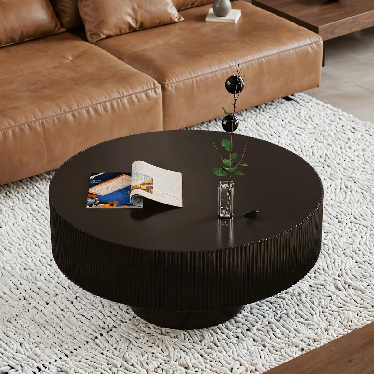 Round Fluted Coffee Table Modern Handcraft Drum Chipboard Wood Center Table, Unique Mid Century Aesthetic Low Coffee Table, for Living Room, Apartment,D