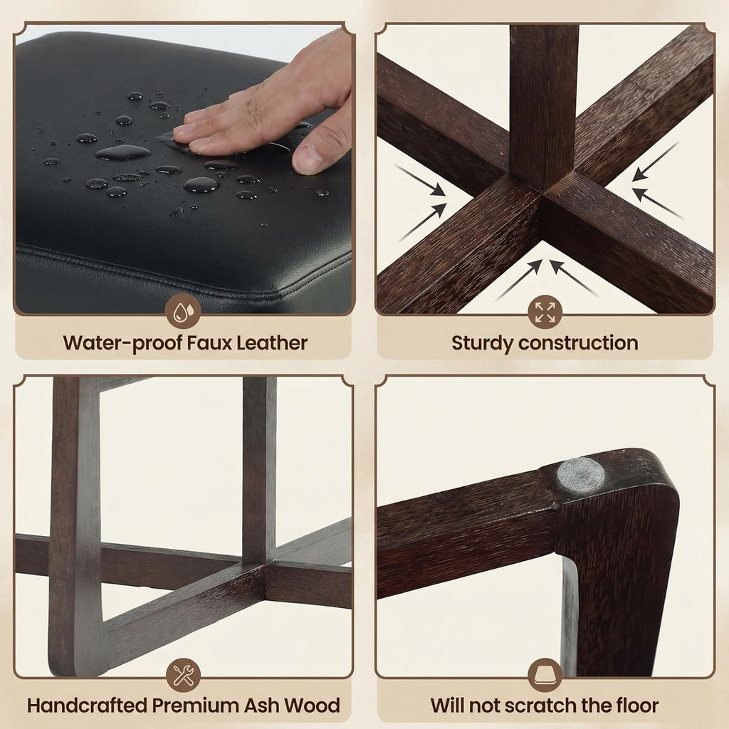 Faux Leather Square Coffee Table Ottoman,24' Coffee Table for Living Room Ottoman,Ash Wood Living Room Table,Small Footstool (Black)
