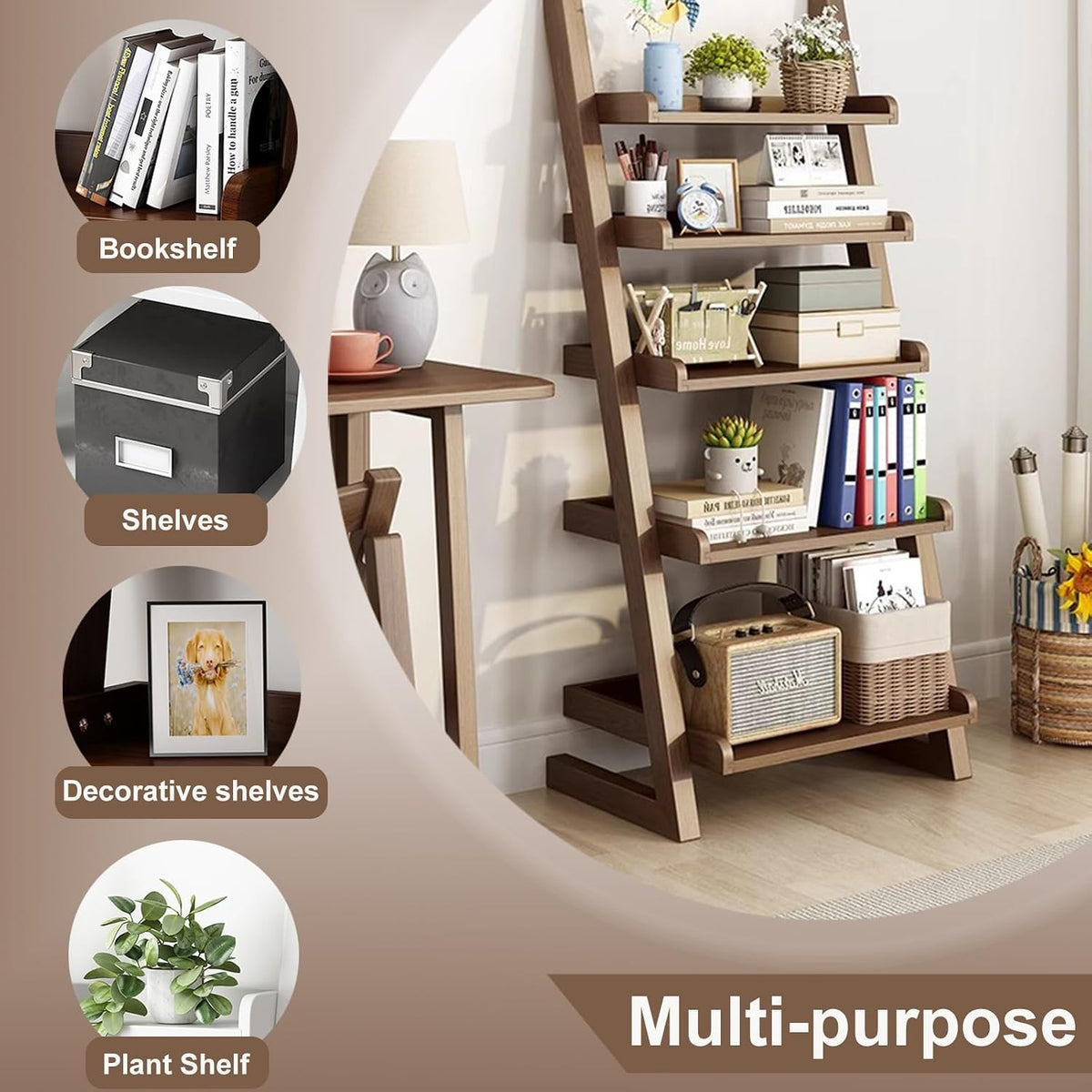 Ladder Shelf Bookcase, 5 Tier Walnut Wooden Ladder Bookshelf, Space-Saving Freestanding Storage Rack for Living Room, Home Office and Bedroom, 55.1' H