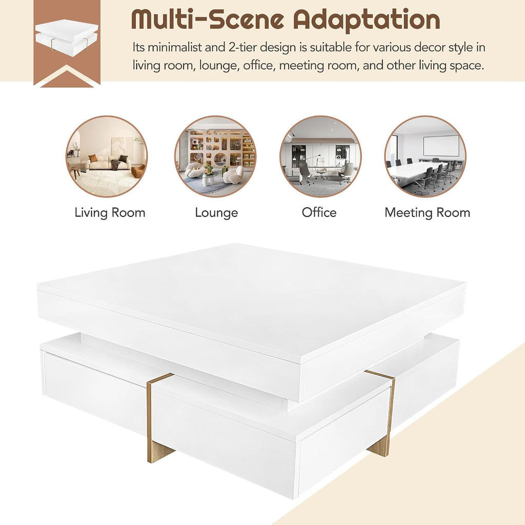 31.5' Square Coffee Table with 4 Drawers and High Gloss Surface, Modern White Cocktail Tea Table with Wood Grain Legs for Living Room or Bedroom
