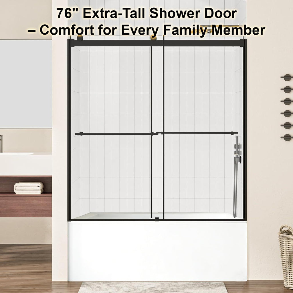 Bathbliss 60' Wx60 H Shower Door, Sliding Shower Door for Bathtub, 5/16' (8mm) Tempered Glass Shower Door with Towel Holder and Soft-Close Silent Rollers, Matte Black
