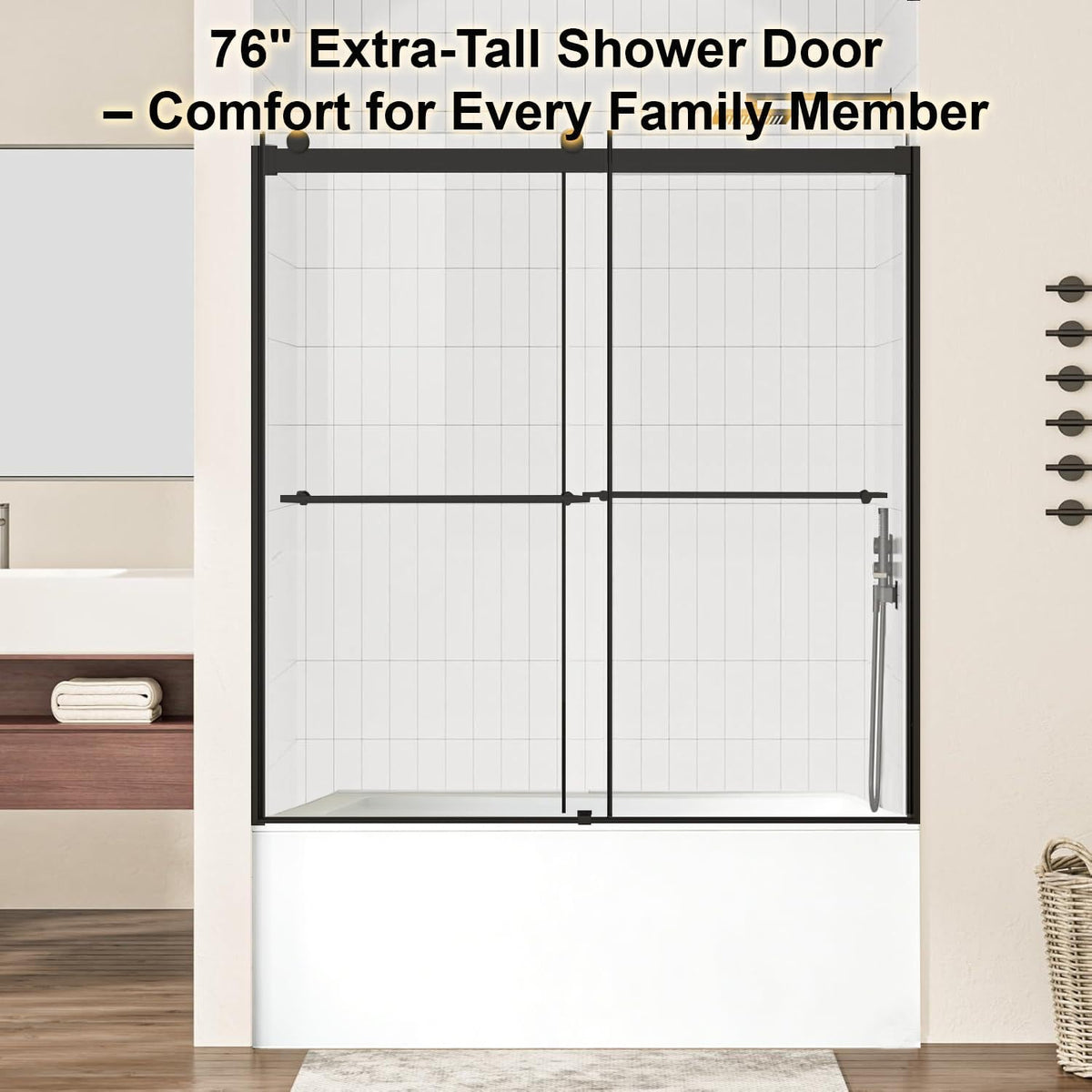 Bathbliss 60' Wx60 H Shower Door, Sliding Shower Door for Bathtub, 5/16' (8mm) Tempered Glass Shower Door with Towel Holder and Soft-Close Silent Rollers, Matte Black