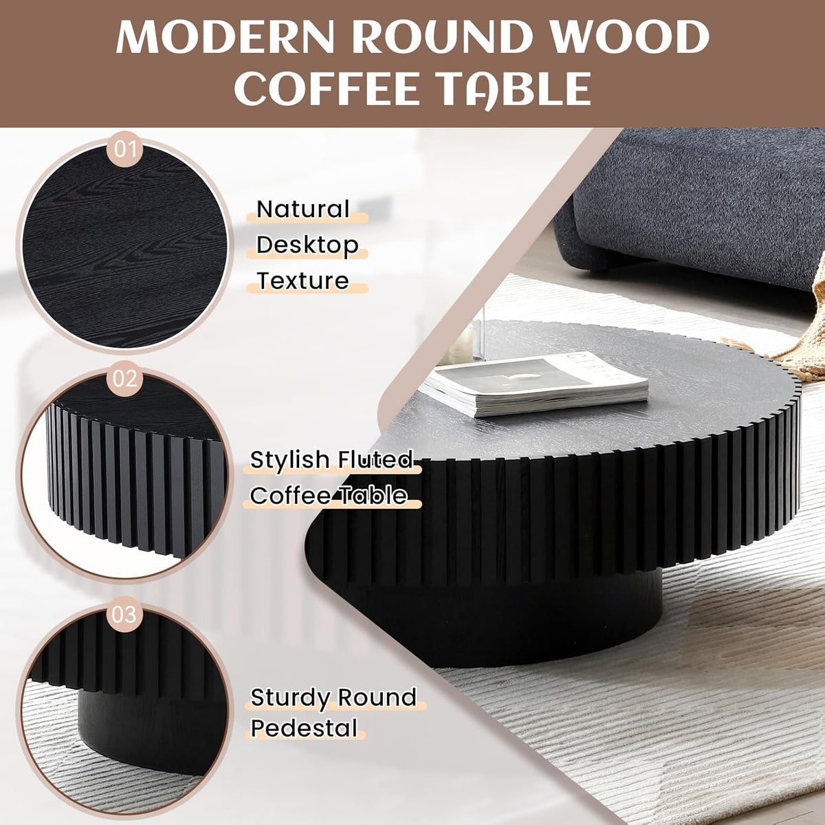 39.37' Round Wood Coffee Table, Modern Unique Circle Coffee Table, Contemporary Oak Drum Fluted Accent Side Table Center Table for Living Room, Office, Apartment, Black