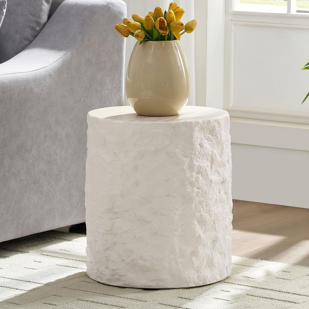 15.75' Round Coffee Table for Living Room, Fiberglass Circle Center Table, Stone Minimalist Side Table, Accent End Table for Bedroom, Apartment, Office, No Need Assembly, Beige