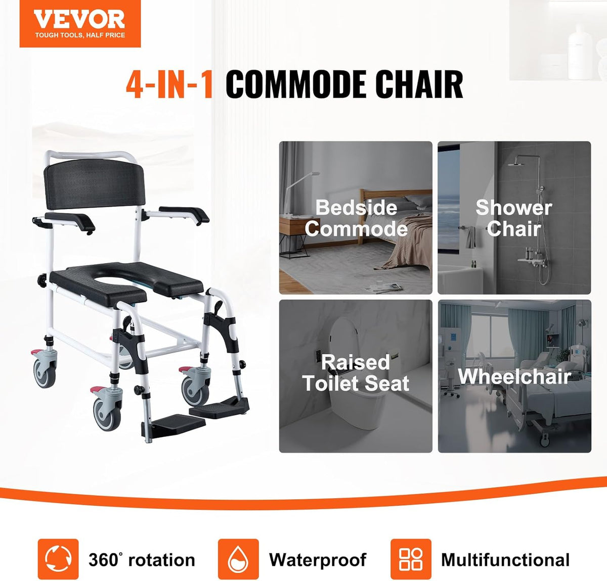 VEVOR Shower Commode Wheelchair with 4 Lockable Wheels, Footrests, Flip-up Arms, 3-Level Adjustable Height, 5L Removable Bucket, 350 LBS Capacity, Commode Chair for Adults Seniors