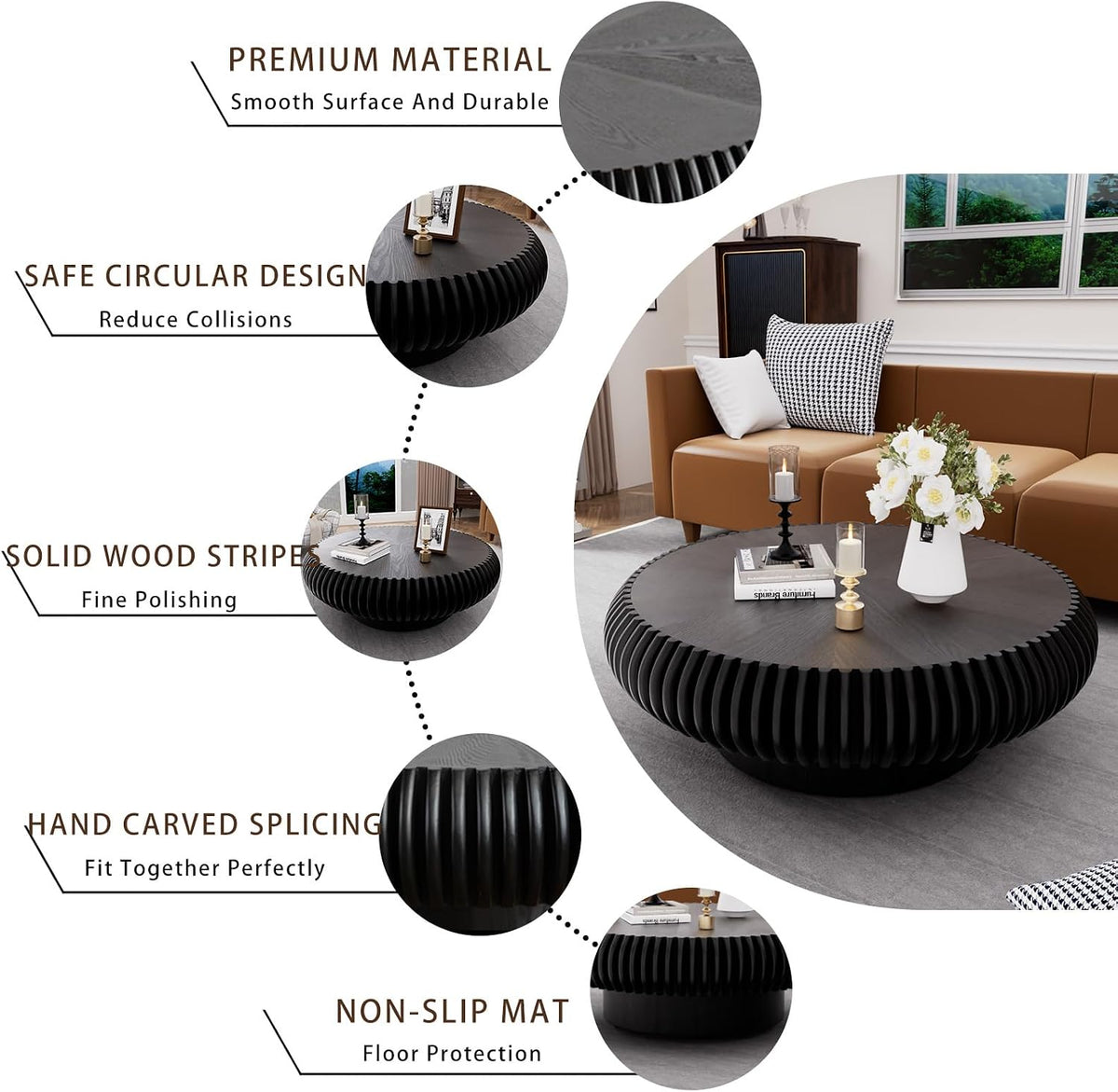 Black Round Drum Coffee Table Modern Circle Drum Fluted Wood Tea Table, Contemporary Center Table for Living Room (A Black 39.37' inch)
