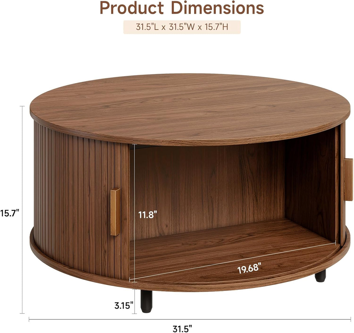 ONBRILL Round Coffee Table with Storage, 31.5' Modern Coffee Table with 360° Curved Sliding Door, Fluted Wood Accent Coffee Table with Adjustable Footpads, Round Center Table for Living Room, Walnut