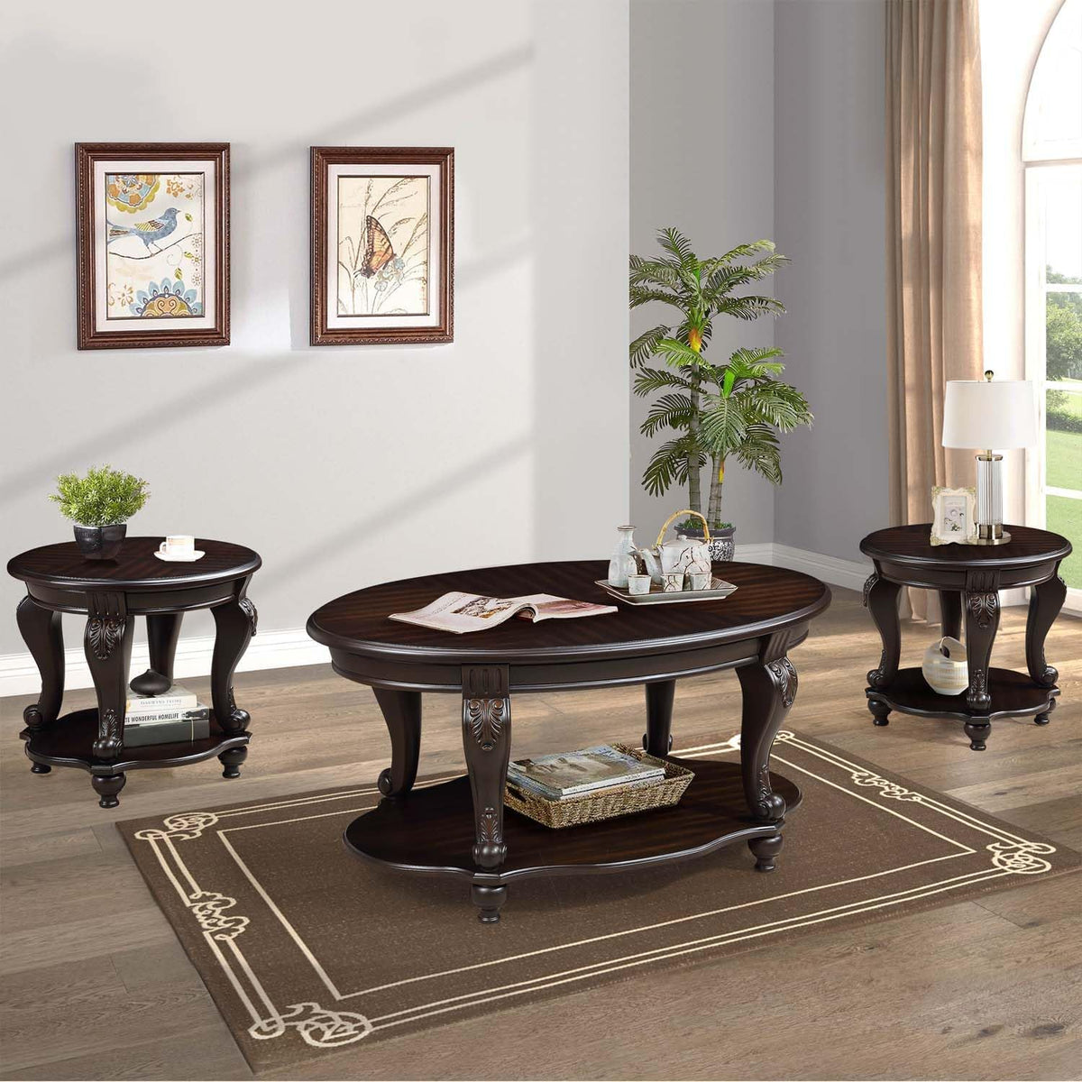 Solid Wood Coffee Table Set for Living Room, Coffee Table & 2 End Side Table 3-Piece Set with Open Storage for Office Apartment Espresso