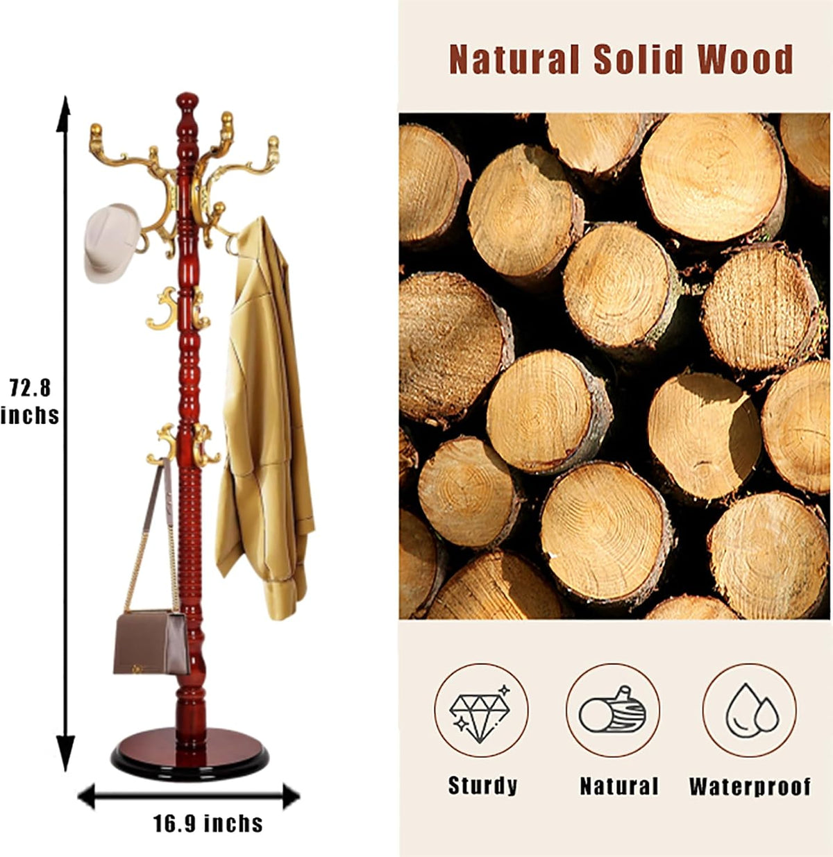 High-Grade Coat Rack Freestanding,Solid Wood Coat Rack Stand With 14 Hooks For Hallway Bedroom Office,Vintage Hall Tree Standing Coat Rack For Clothes Hat purse Bags(43x185cm(17x73inch), White)
