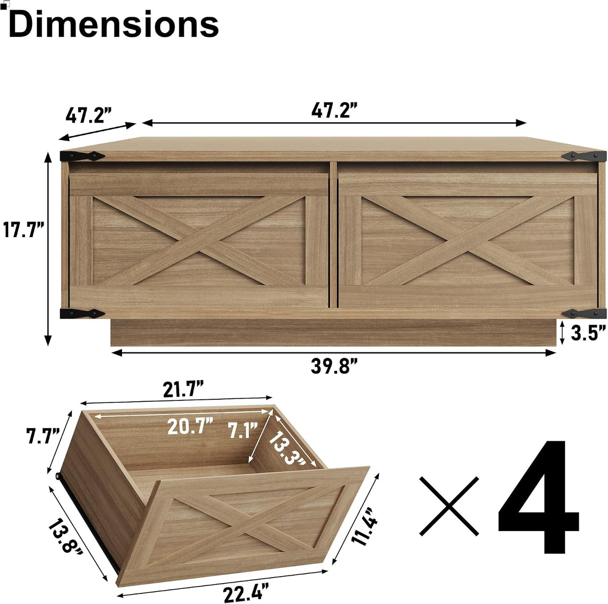 St.Mandyu 47' Farmhouse Square Coffee Table with 4 Drawers Extra Large Coffee Table with Storage Wooden Large Coffee Tables for Living Room Square Center Table for Home Office Natural