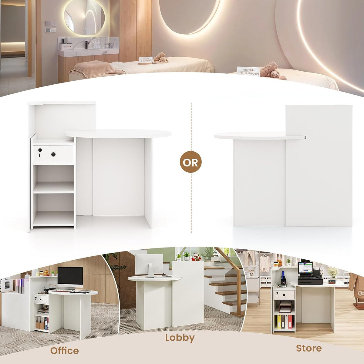 Reception Desk, Small Retail Checkout Counter with Lockable Drawer and Open Shelves, Wooden Front Desk Reception Counter, Oval Desktop & L Counter for Store Office Lobby Salon (White)