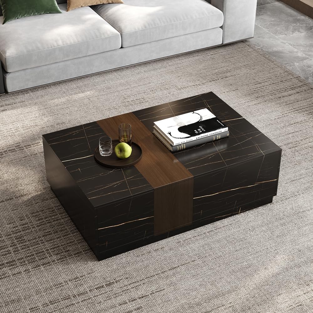 homary Marble & Walnut Coffee Table – Modern Block Design Living Room Center Table with 2 Storage Drawers, White Marble Veneer & Walnut Wood Veneer, Sturdy Base & Smooth Quiet Rails (Black)