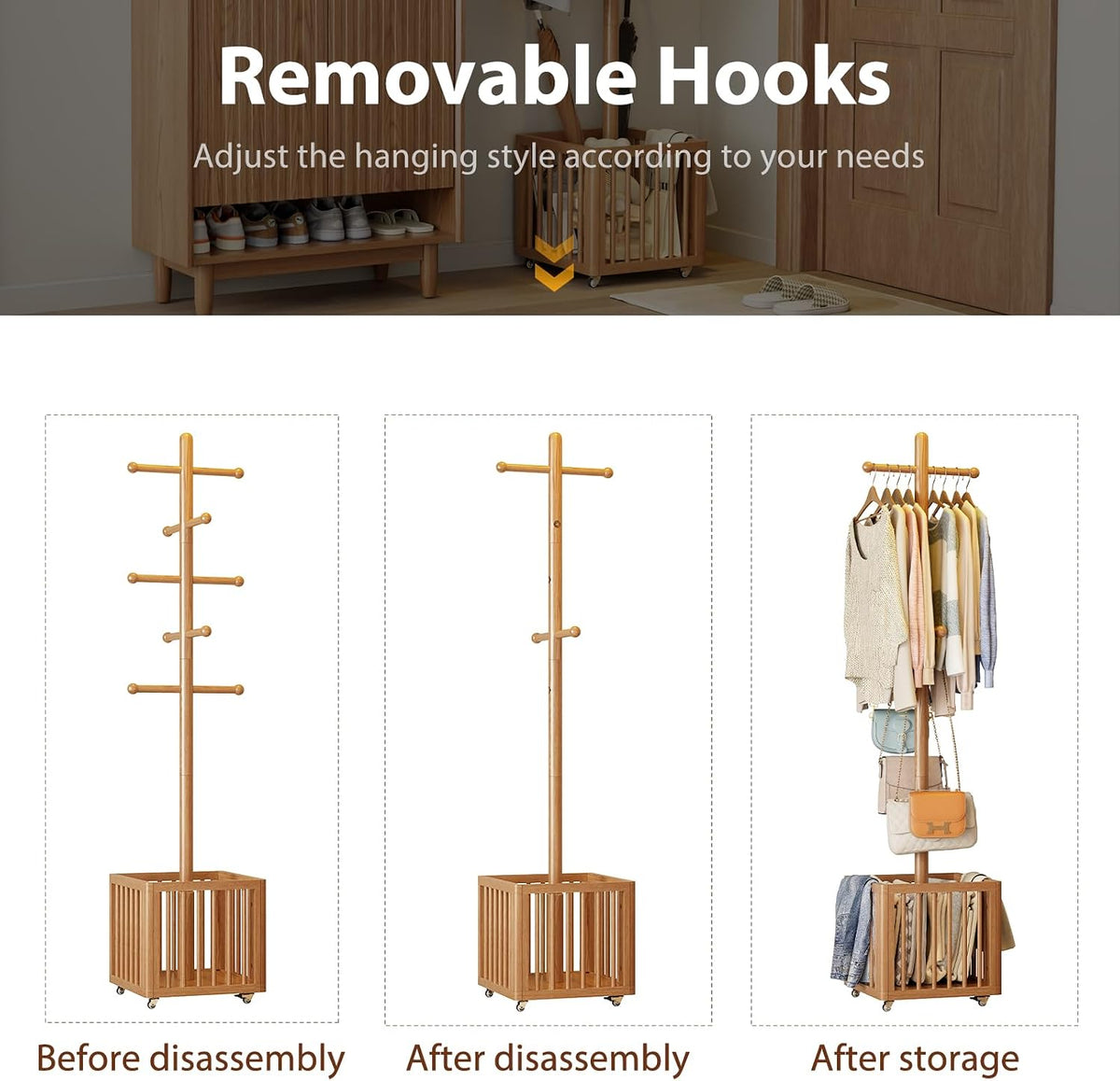 Solid Wood Freestanding Coat Rack with 10 Adjustable Hooks, Storage Basket and Lockable Casters, Organizes Hats, Clothes and Bags for Entryway, Bedroom, Living Room
