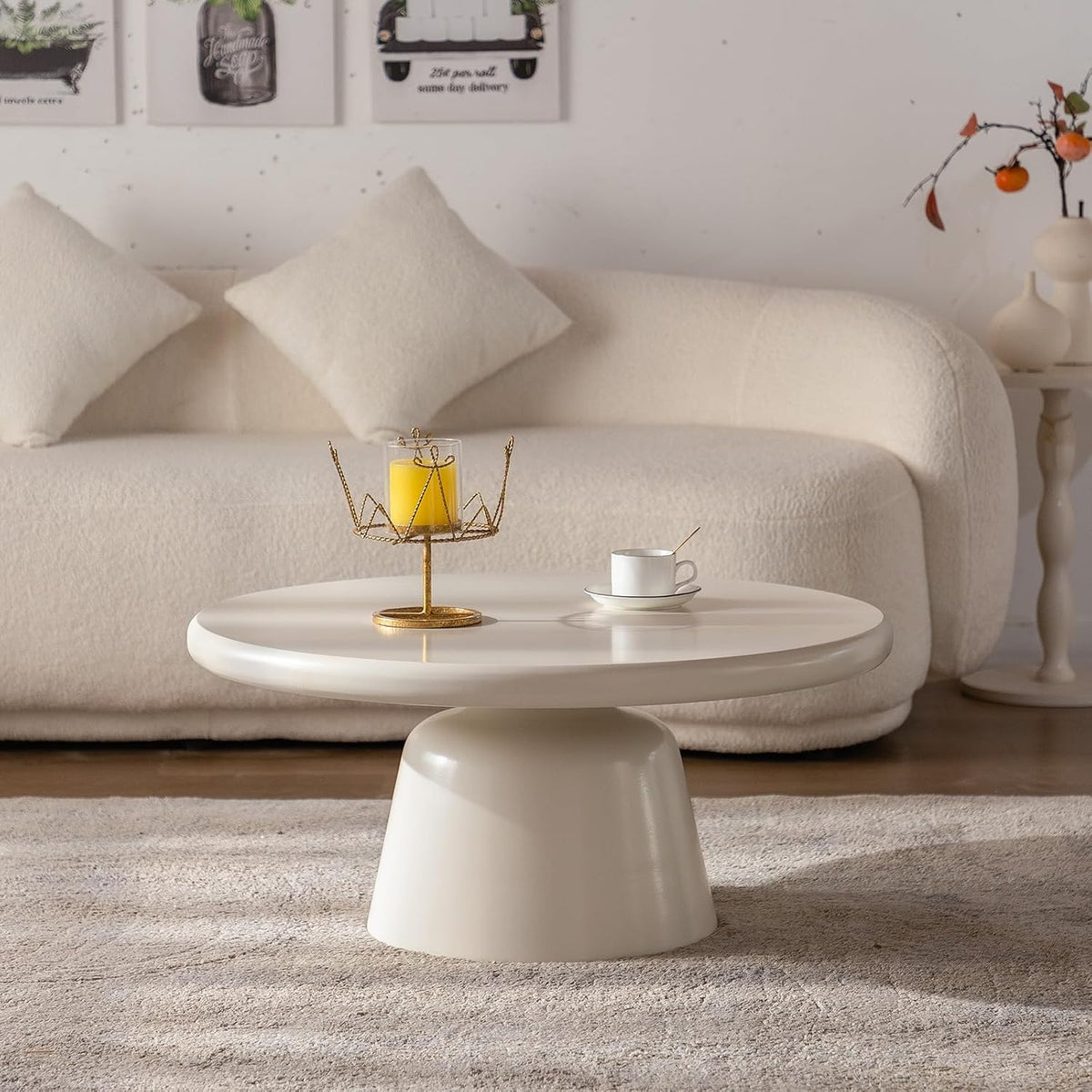 White Round Coffee Table Modern Circle Center Table Circular Coffee Tables with Stable Pedestal, for Living Room, Bedroom, Farmhouse Outdoor Patio (N31.5)