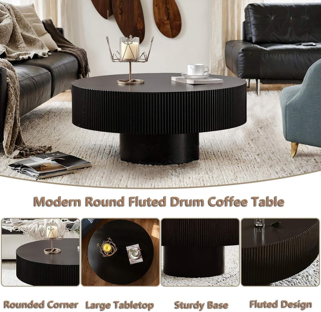 Round Handcraft Fluted Coffee Table with Sturdy Stable Pedestal Modern Luxury Drum Center Table Circle Accent Base Center Tables for Living Room Apartment (H)