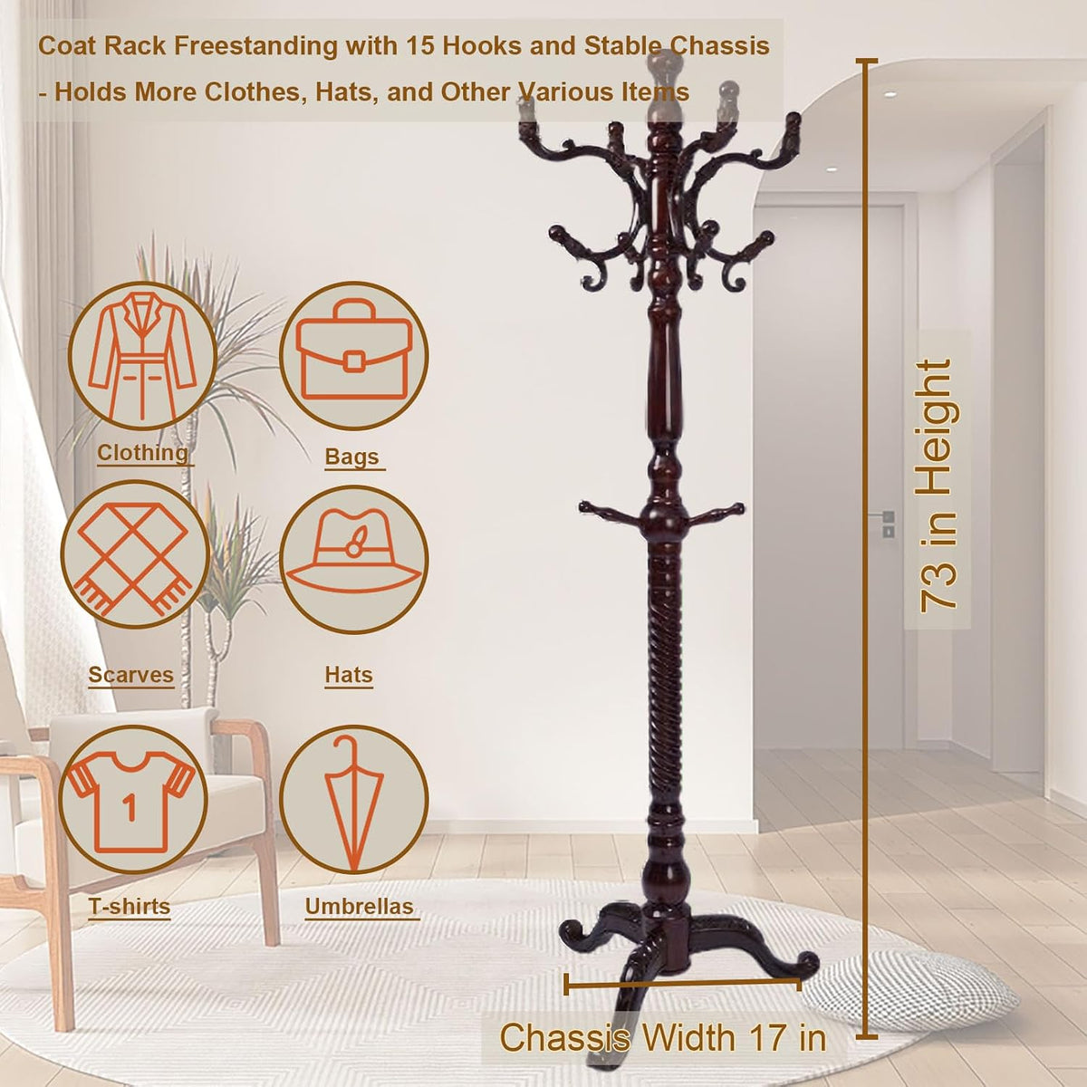 Coat Rack Freestanding with 18 Hooks, Wooden Standing Coat Racks for Entryway, Solid Wood Clothes Hanger Rack with Sturdy Round Base for Entryway, Hall, Bedroom, Office, Hallway (Triangular base)