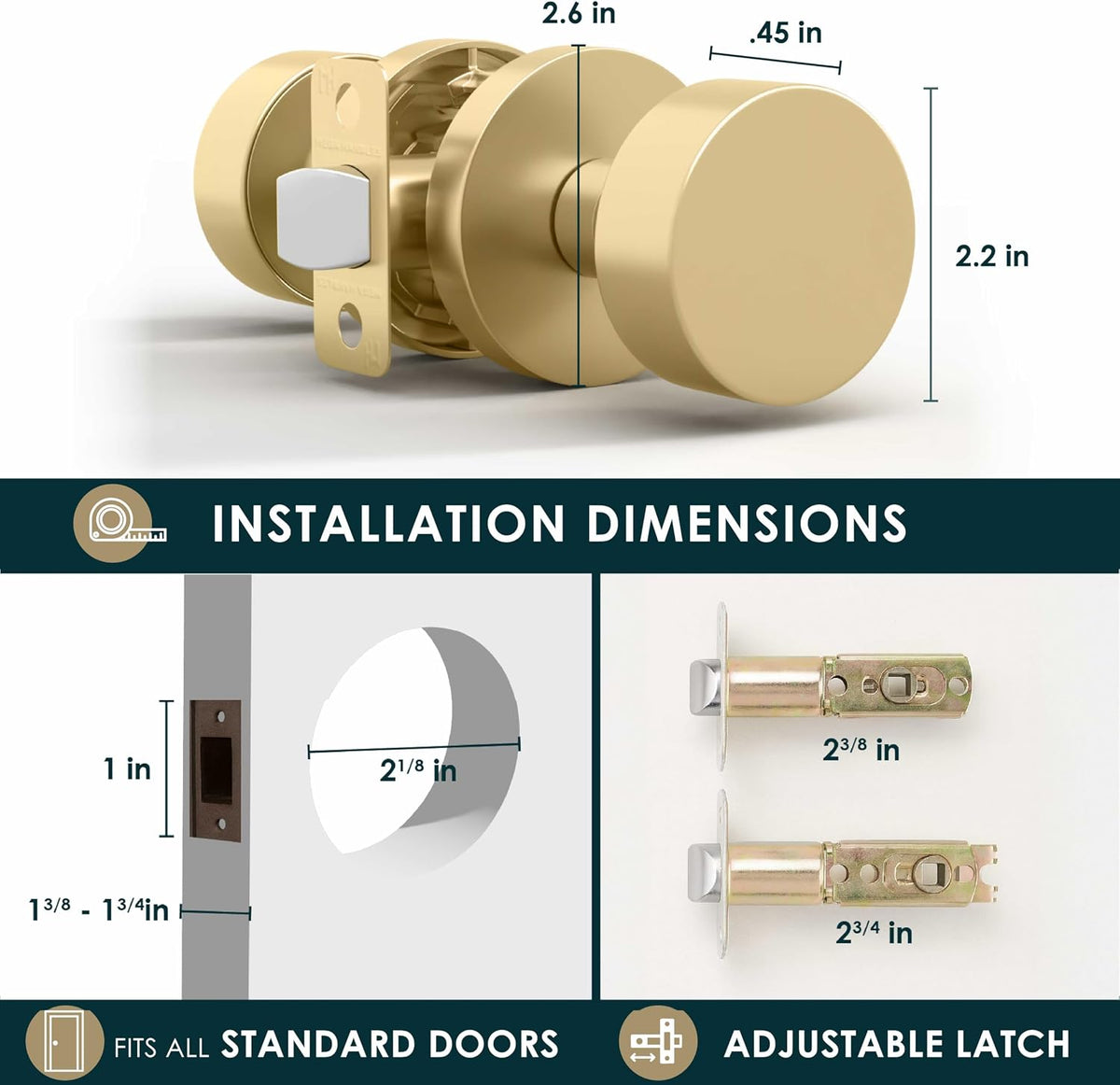 Mega Handles Buena Passage Door Knob for Hallway, Closet and Bathroom, Reversible Heavy Duty Design Door Knobs, Fits All Standard Door Sizes, Screws Included - Satin Brass (16 Pack)