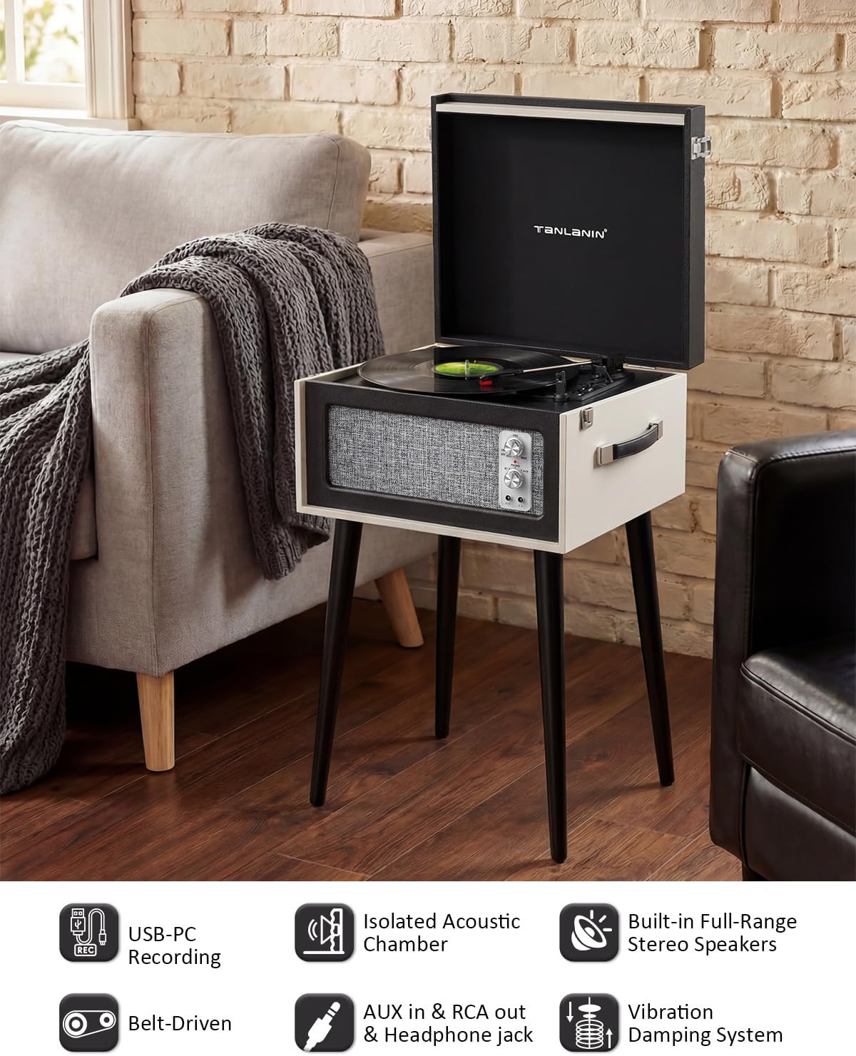 Vintage Standing Black Vinyl Record Player with Detachable Legs, Built-in 4 Speakers, USB to PC Encoding, 33/45/78 RPM LP Player Bluetooth Retro Turntables Support Headphone Jack, RCA Out, AUX in