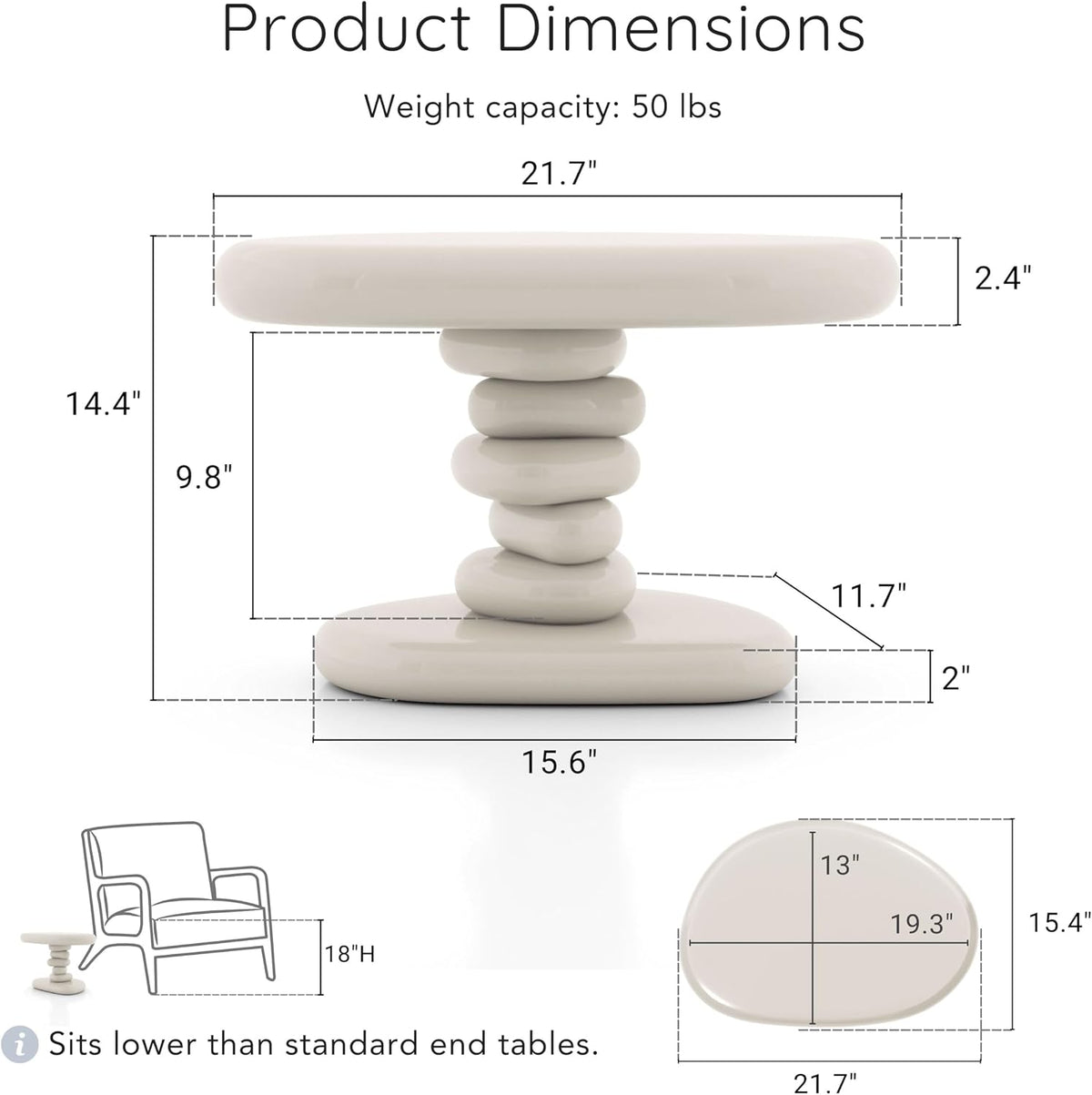 24/7 Shop at Home Kavren Modern 37-inch 2-Piece Oval Glossy Low Profile Coffee Table Set, Stone Shape Living Room Furniture for Small Space, Ivory