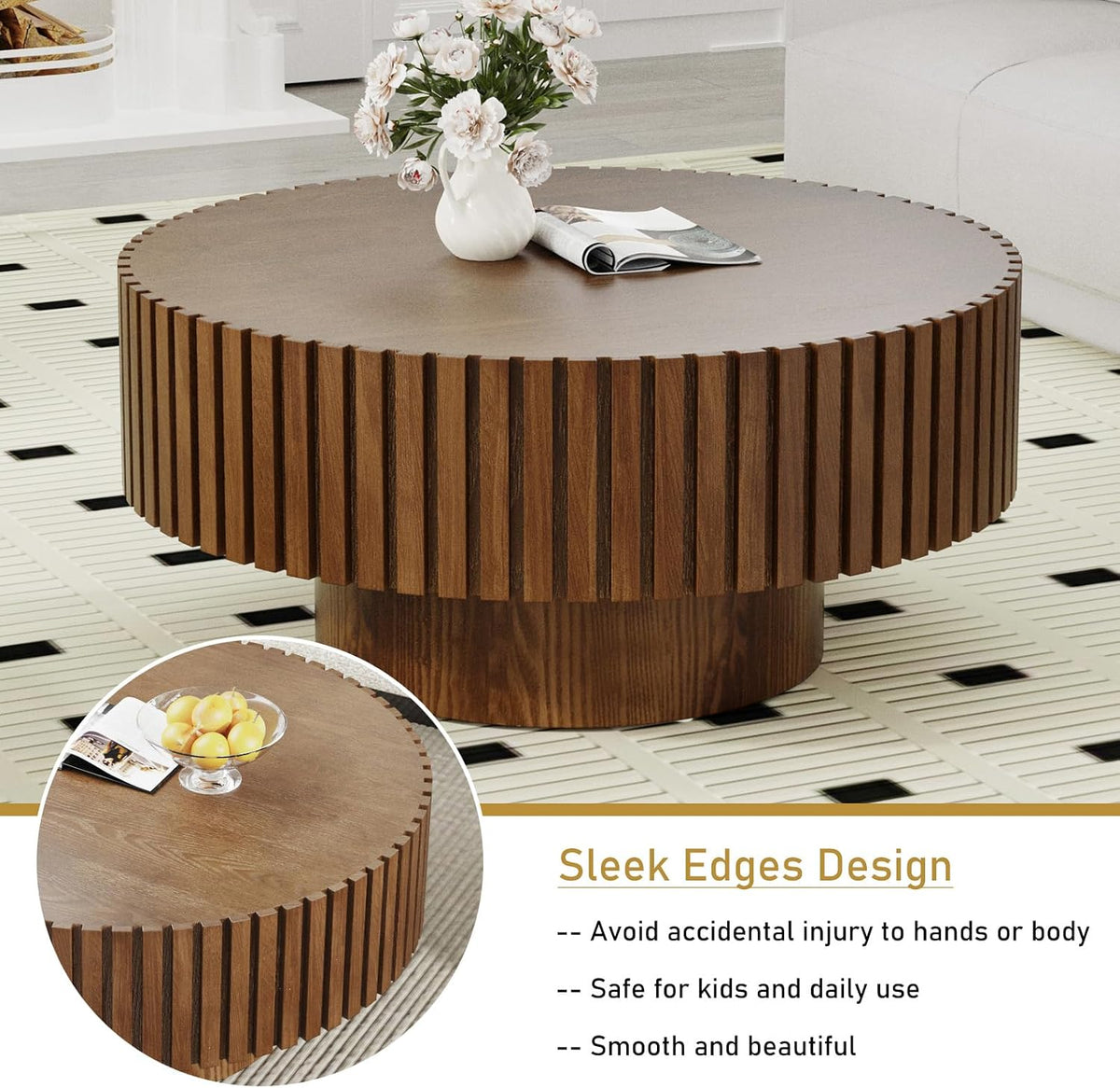 Round Drum Coffee Table 31.5' Wooden Coffee Tables Handcrafted Fluted Drum Coffee Table Modern Luxury Circle Center Table Vintage Farmhouse Center Table for Living Room (Round Dark Brown)