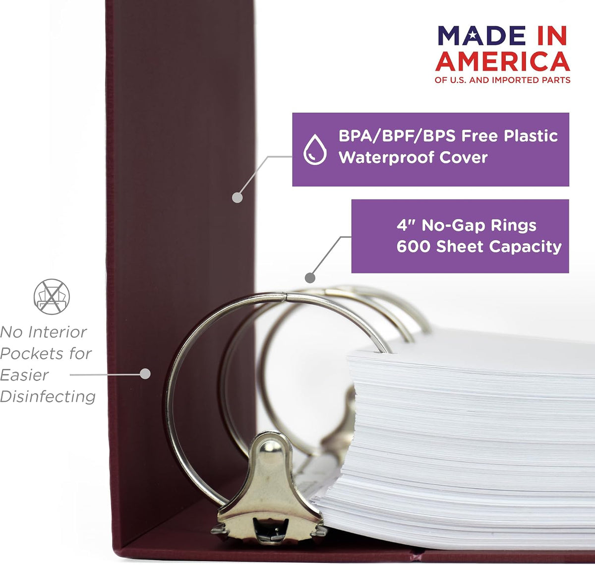 Carstens 4-Inch Heavy Duty Round Ring Binder for Medication Administration Records – Side Opening, Wine, Case of 10, Durable Plastic, No Pockets, Holds 600 Letter Sheets, Made in USA (1871-3RCS)