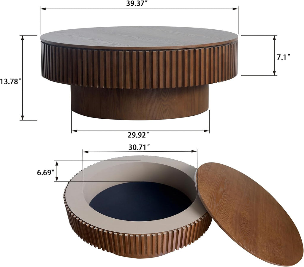 39' Round Coffee Table with Hidden Storage Compartment, Modern Handcraft Fluted Drum Coffee Table, Wooden Circle Center Table Cocktail Tea Table with Sturdy Pedestal for Living Room, Walnut