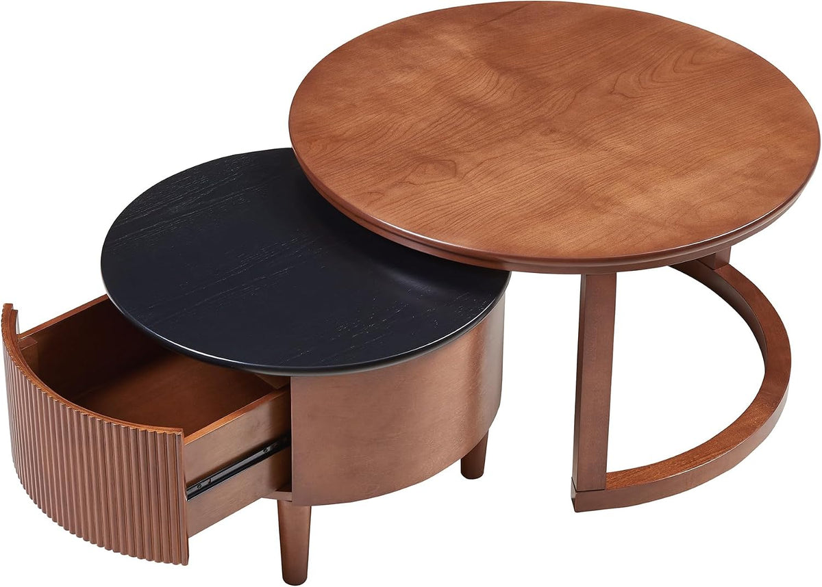 Merax 31.5'' Vintage Round Nesting Wood Coffee Table Set, 2-Tier with Drawer & Storage, Two-Tone Finish Fluted Design for Living Room Apartment, Walnut+Black