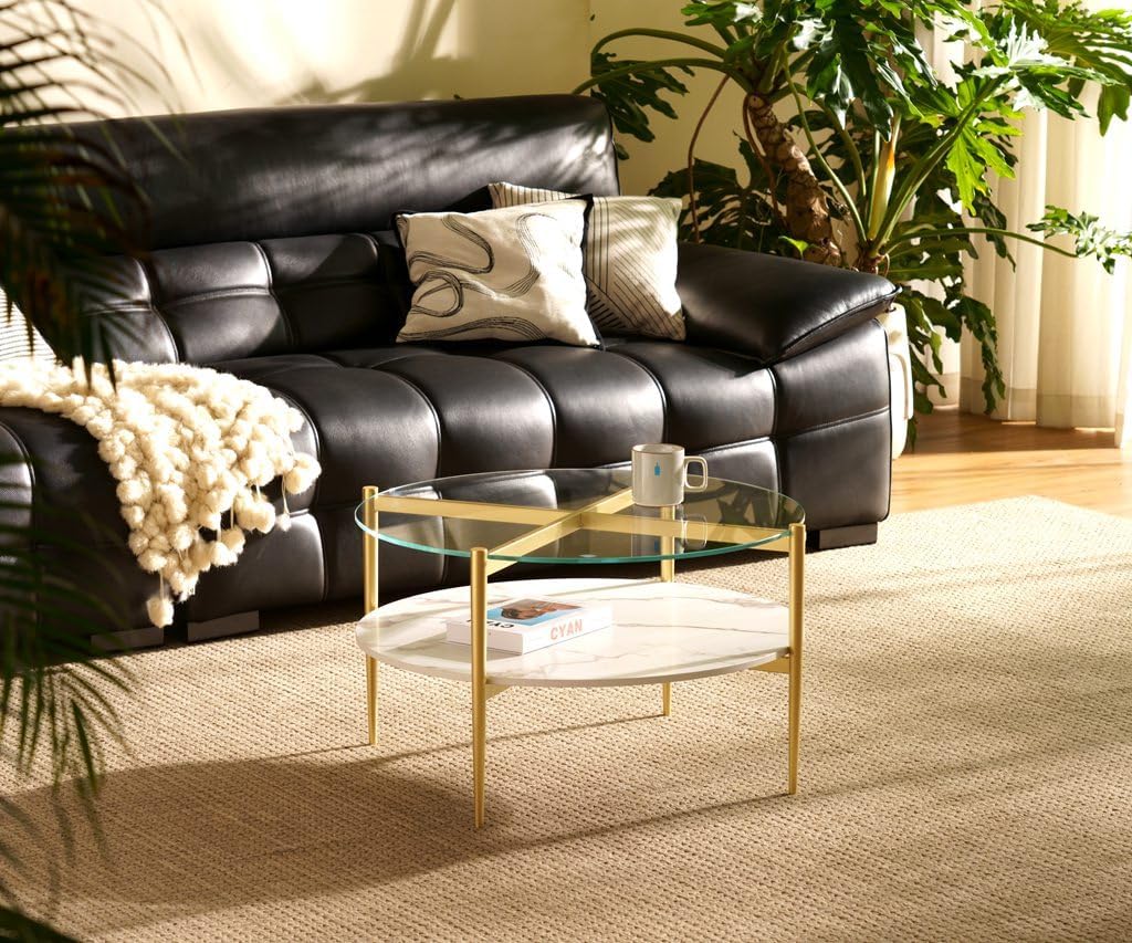 AGV LIGHTING 30' Round Glass Coffee Table,Mid-Century Modern Coffee Table for Living Room, Glod Finish Leg,2-Tier,Tempered Glass Top with White Marble MDF Shelf