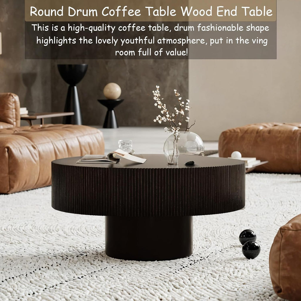 Round Fluted Coffee Table Modern Handcraft Drum Chipboard Wood Center Table, Unique Mid Century Aesthetic Low Coffee Table, for Living Room, Apartment,D
