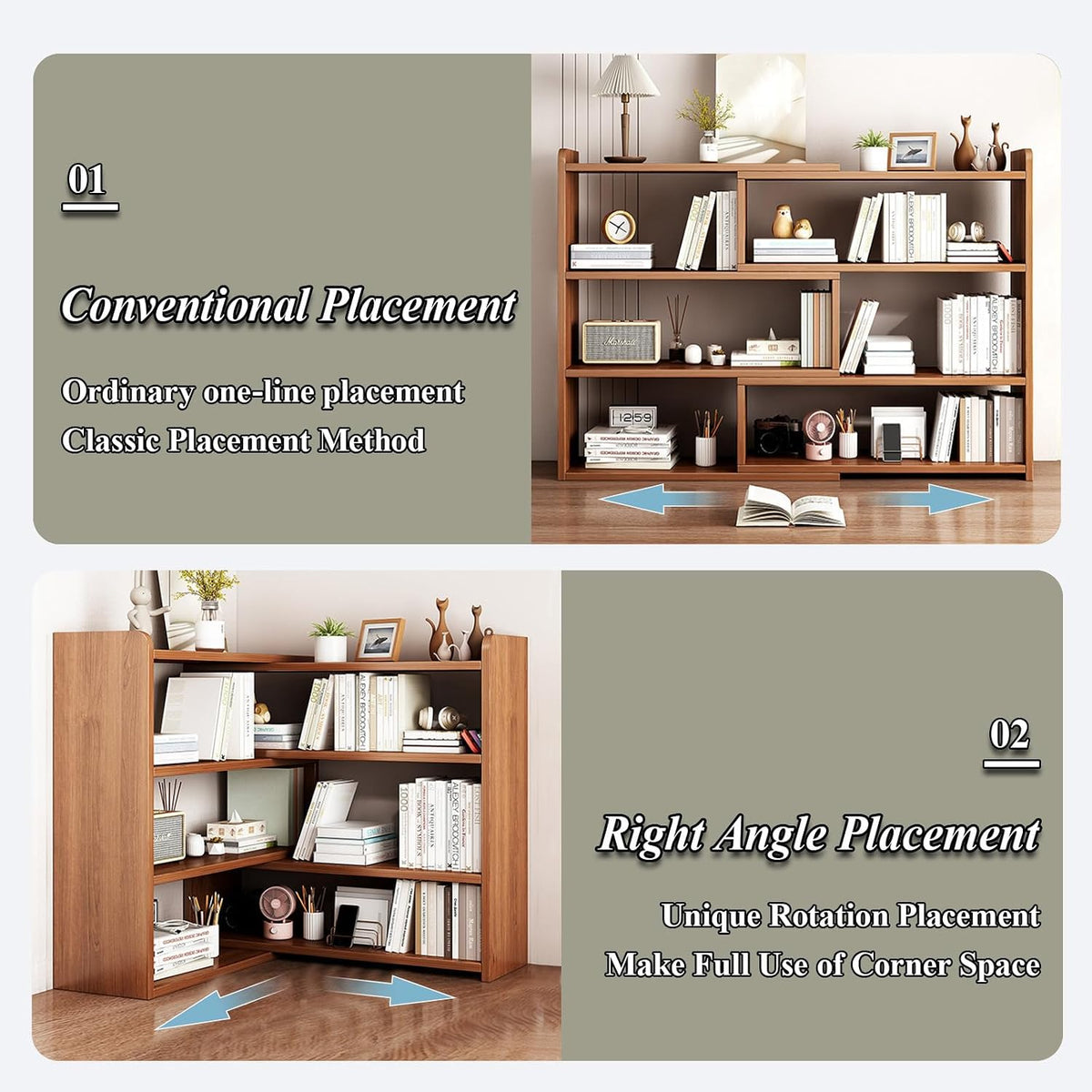 3 Tier Corner Bookcase, Wooden Extendable Shelf with Open Shelf Units, Decorative Display Storage Shelves for Living Room Bedroom Study Office (Walnut)