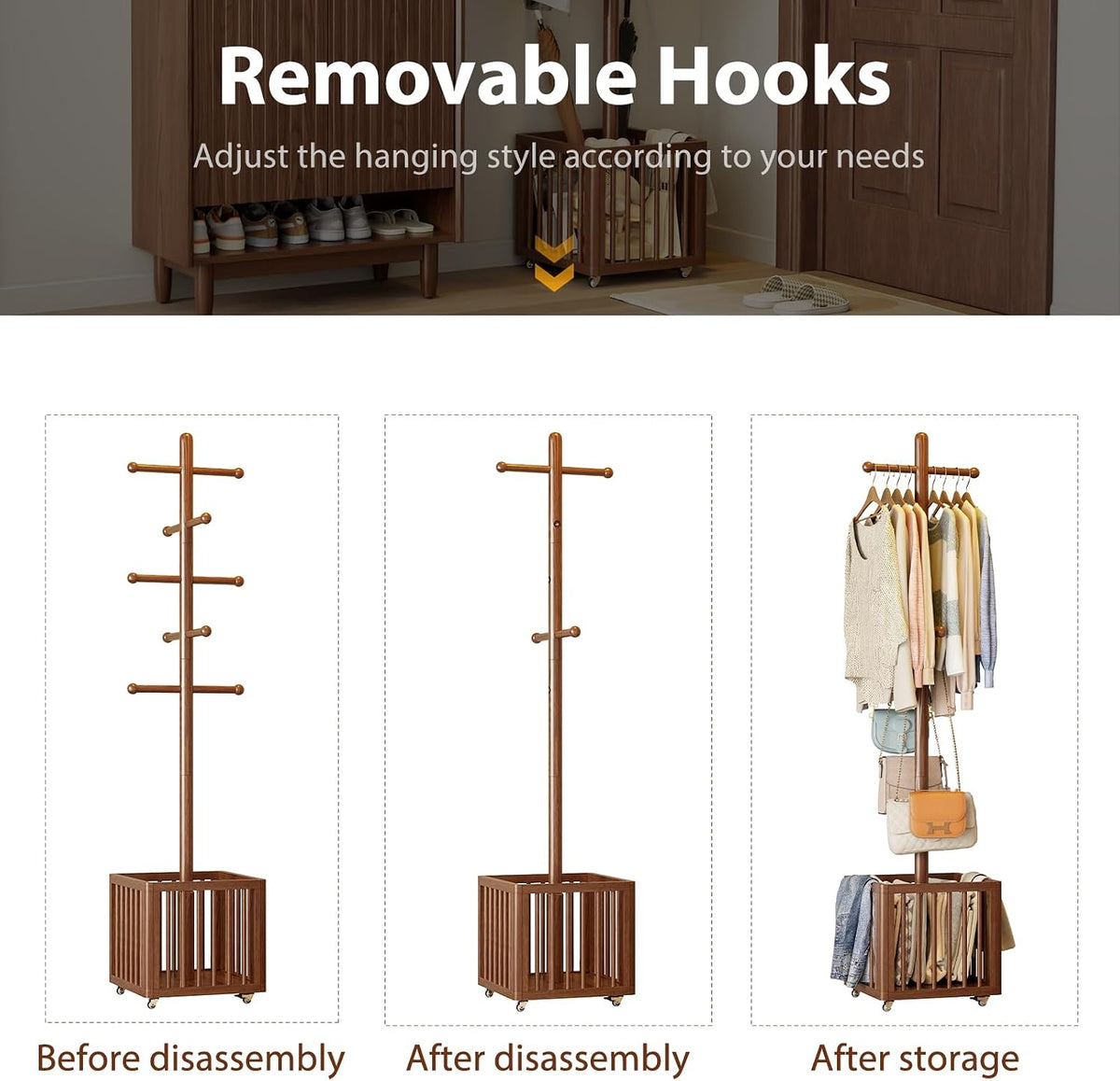 Solid Wood Freestanding Coat Rack with 10 Adjustable Hooks, Storage Basket and Lockable Casters, Organizes Hats, Clothes and Bags for Entryway, Bedroom, Living Room