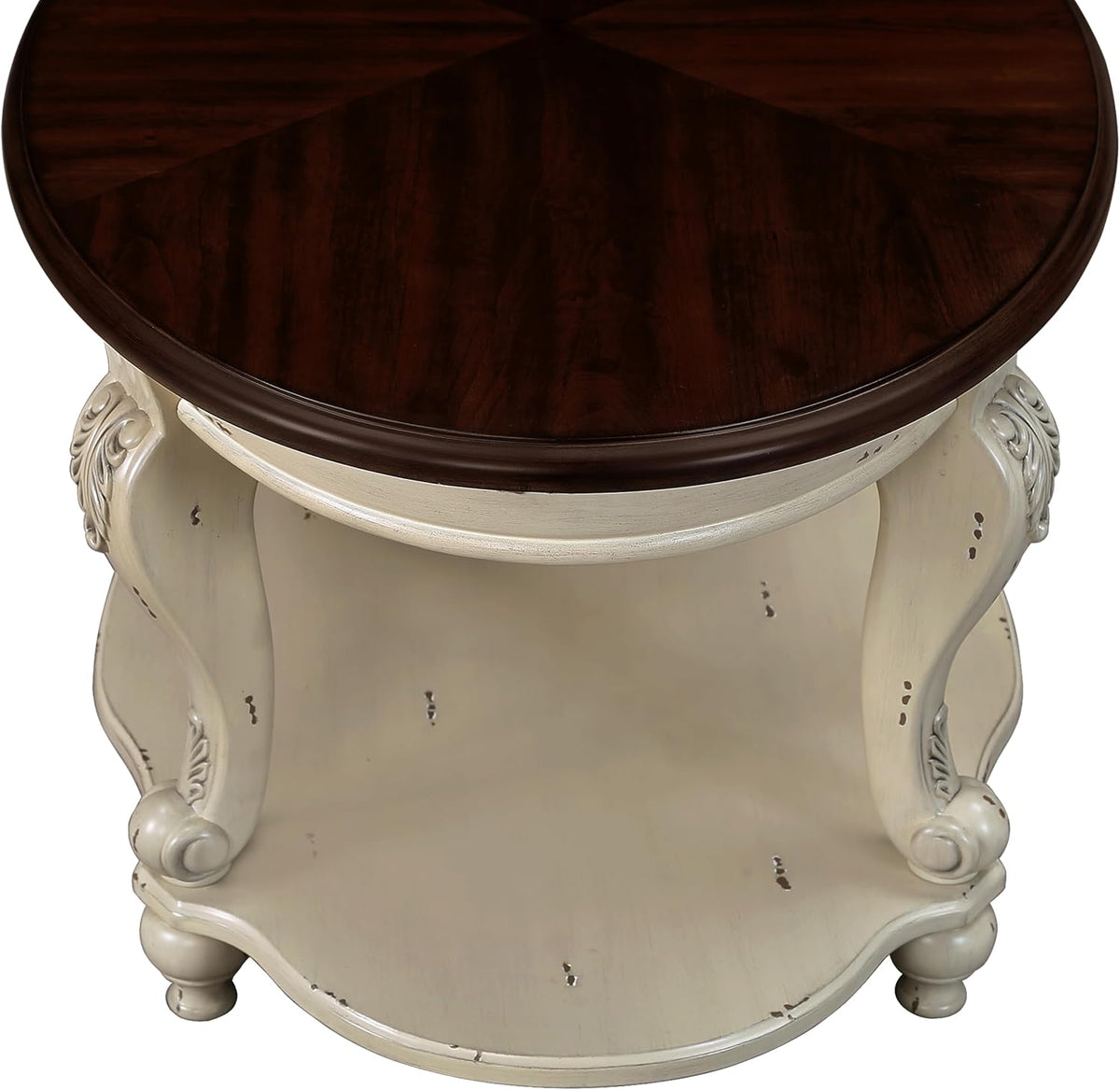 Round Wood End Table with Shelf for Living Room Small Accent Side Table 2-Tier Small Nightstand Easy Assemble, Beige + Espresso