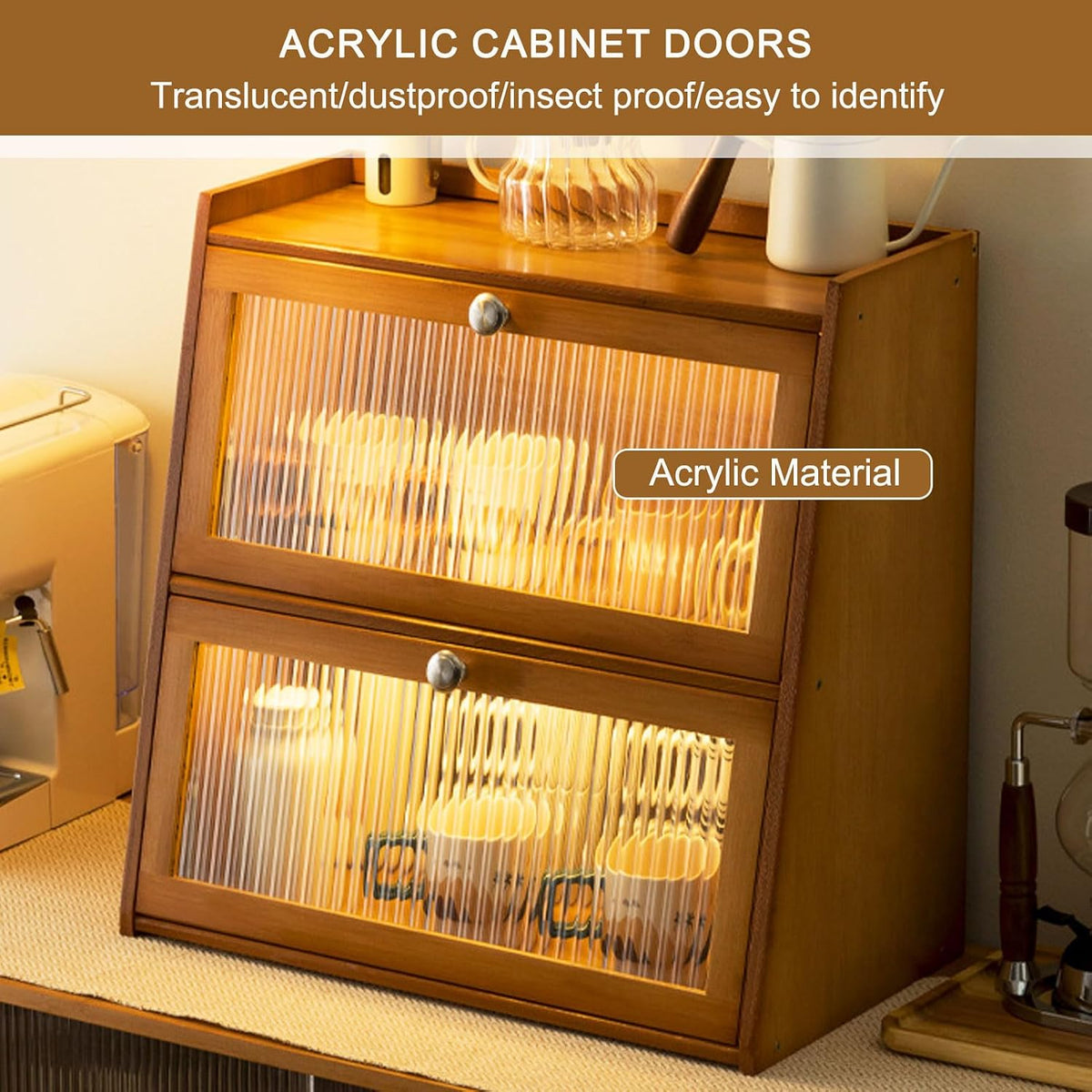Spice Condiment Organizer, Double Layer Bamboo Bread Box, with Acrylic Window, Countertop Storage Cabinet Spice Rack Organizer Kitchen Countertop Storage Shelf,Wood,40×50cm/16×20in
