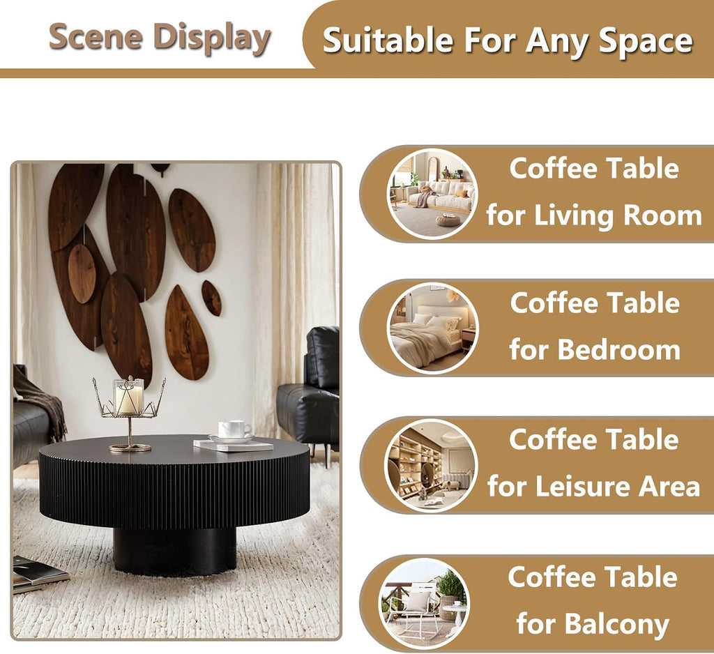 Round Handcraft Fluted Coffee Table with Sturdy Stable Pedestal Modern Luxury Drum Center Table Circle Accent Base Center Tables for Living Room Apartment (H)