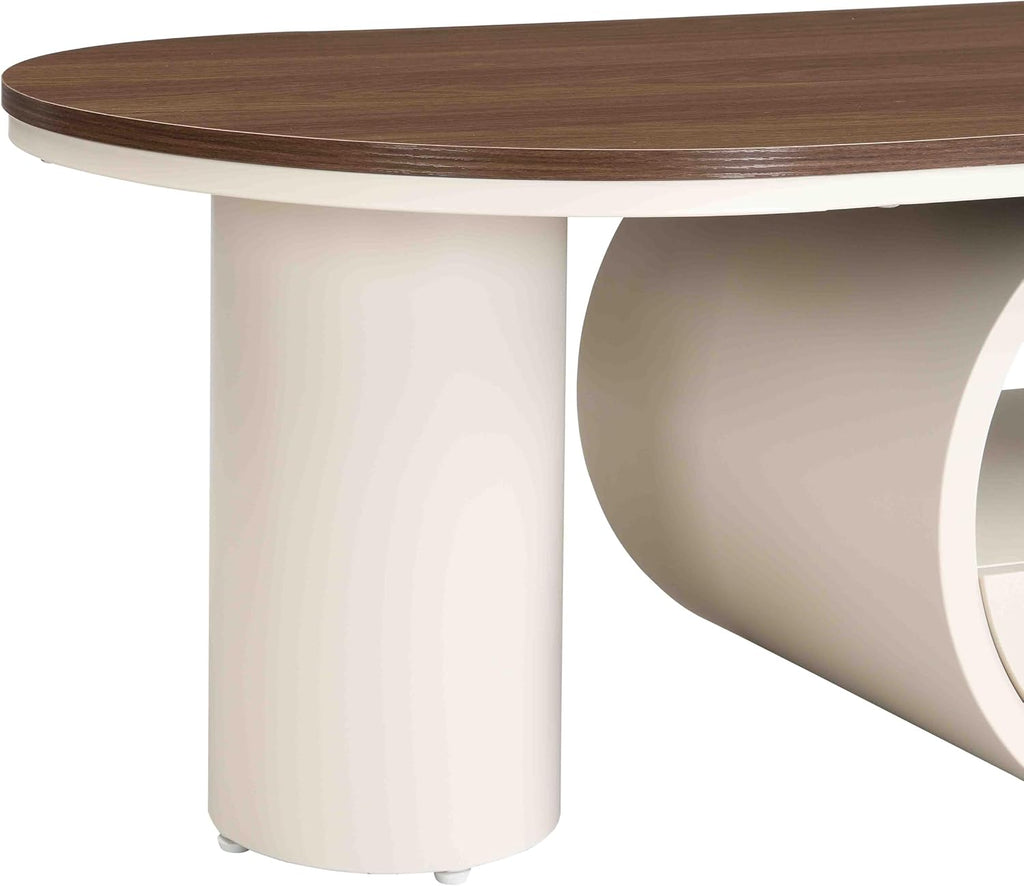 Coffee Table of 2,Oval Central Table with Wood/Marble Grain Top and Drawer,Modern Tea Table for Living Room Bedroom
