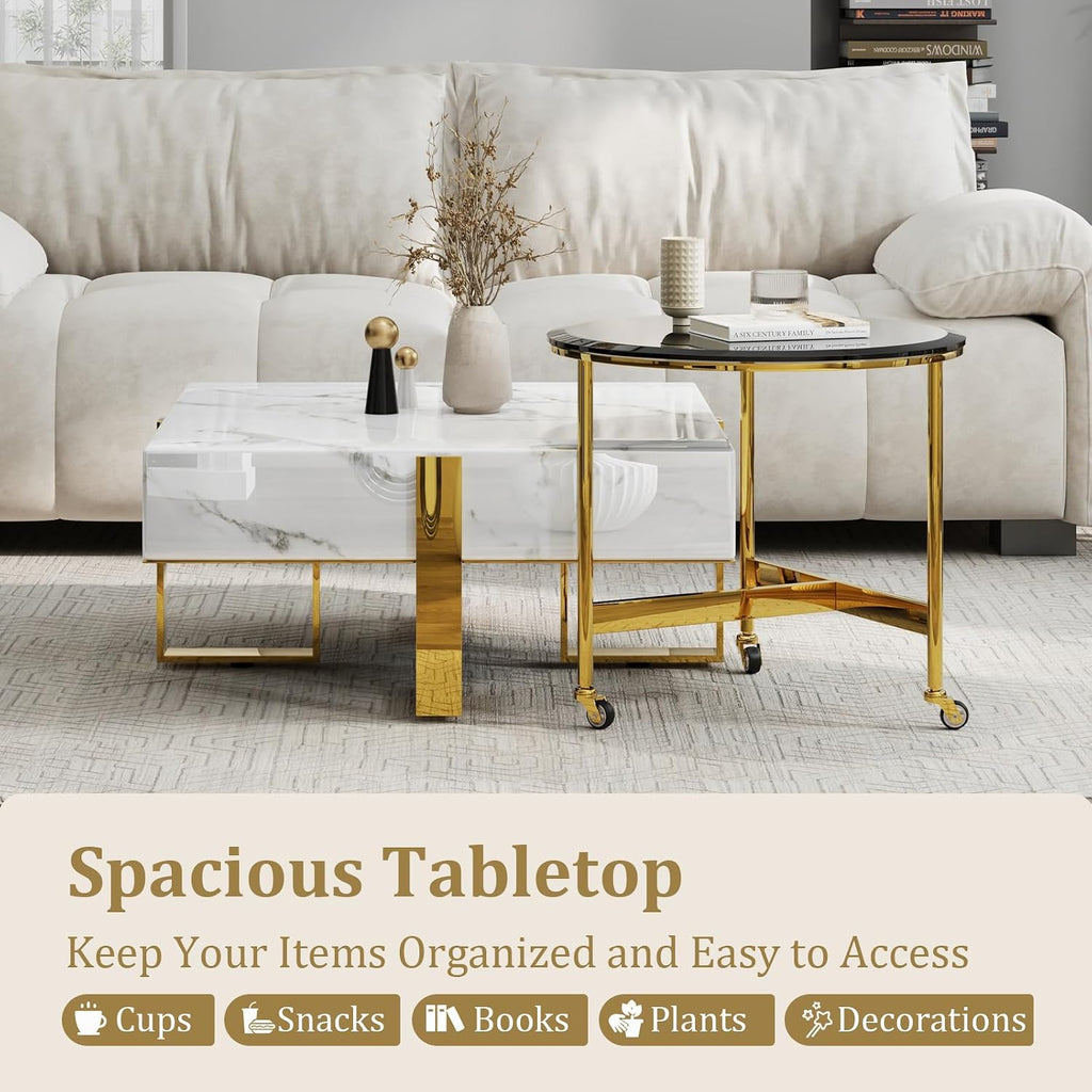 BQueen White Faux Marble Coffee Table with Polished Gold Base for Living Room Apartment Office